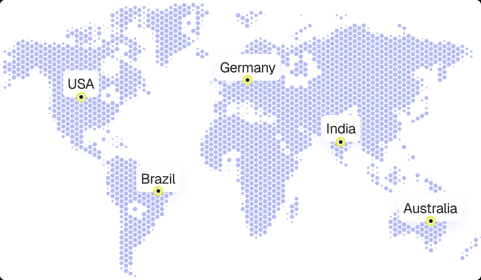 World map showing ScrapeNow proxy server locations across USA, Brazil, Germany, India, and Australia