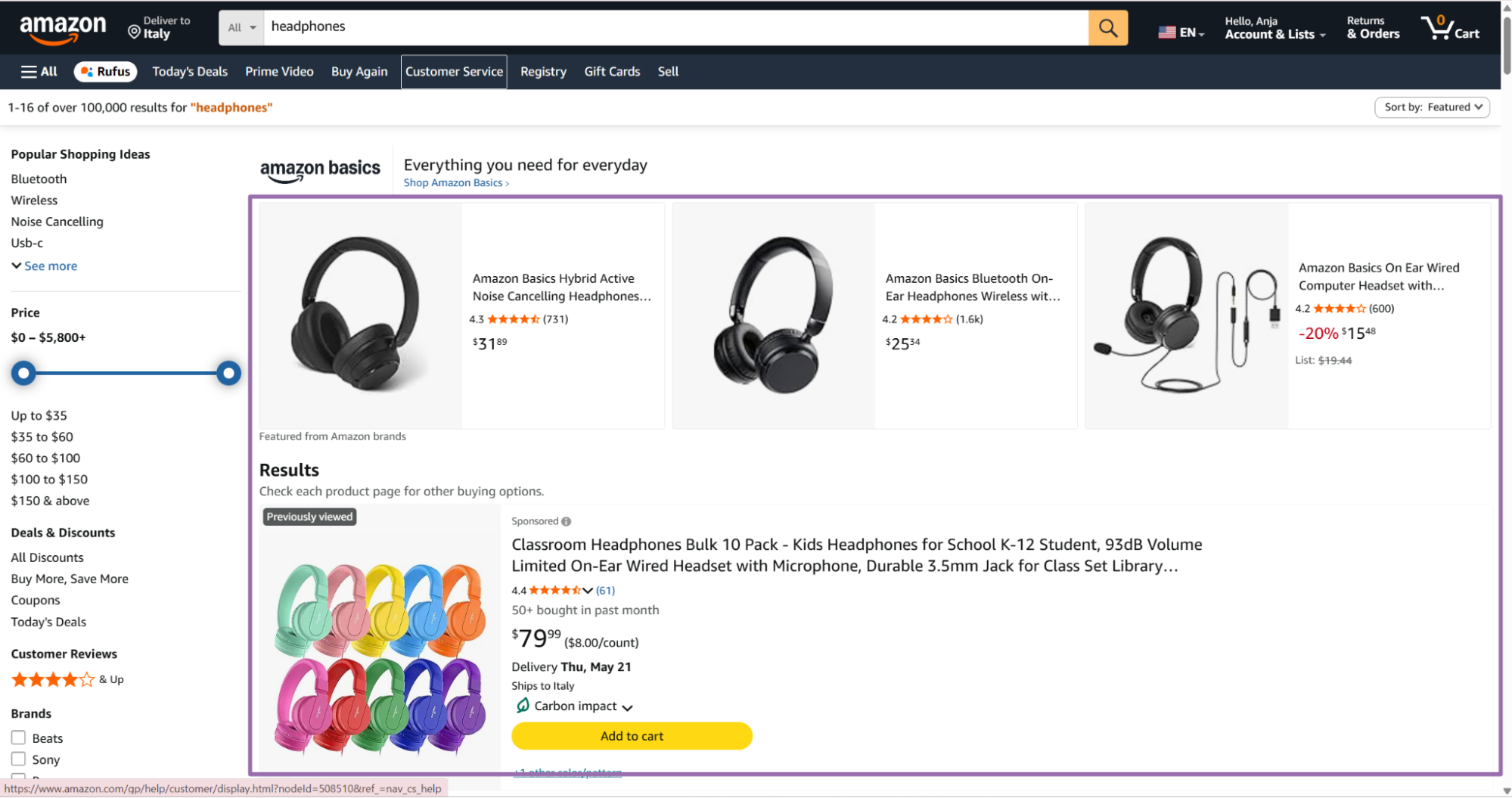 Amazon headphones results for finding a target brand