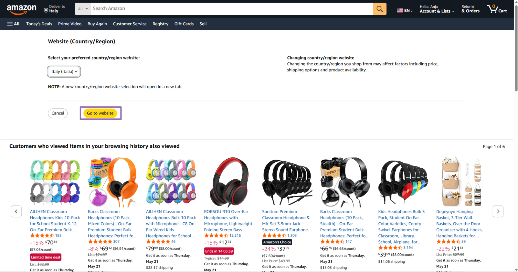 Amazon country page with Go to website button
