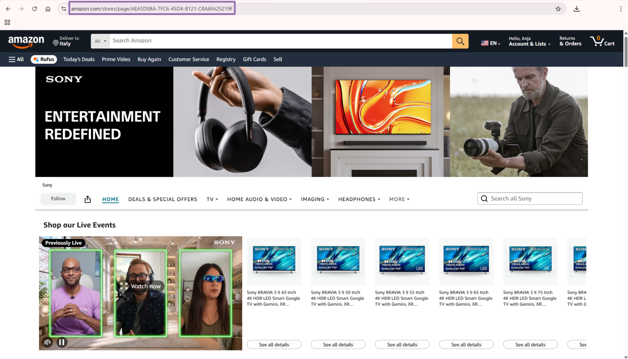 Sony brand store page on Amazon