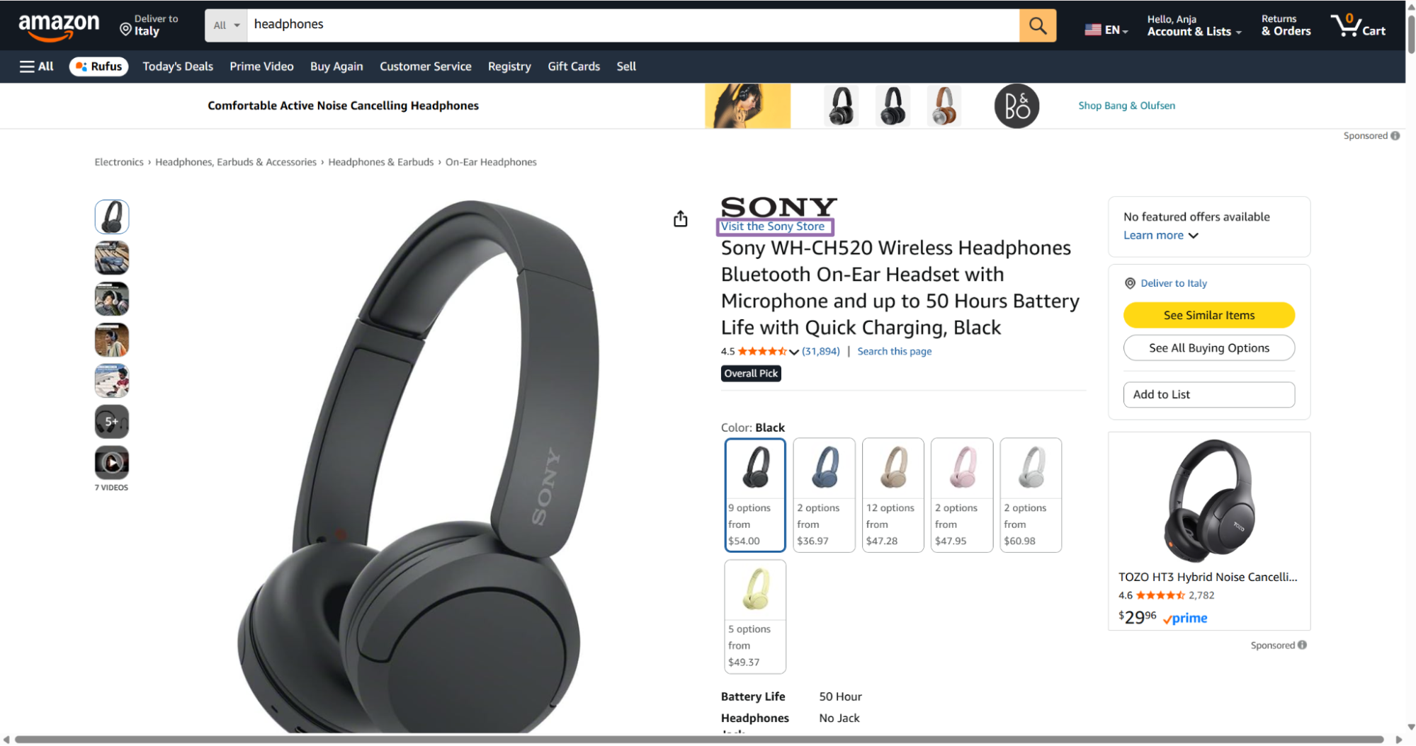 Amazon product page for a Sony headphone listing