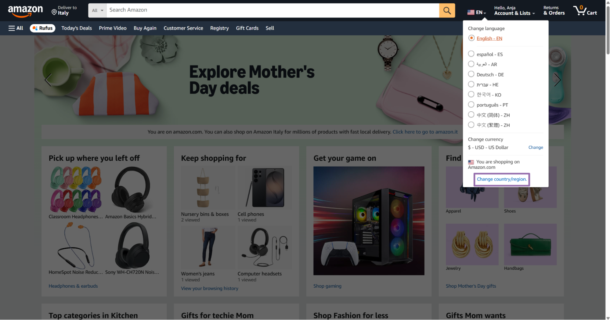 Amazon region panel with Change country/region link highlighted