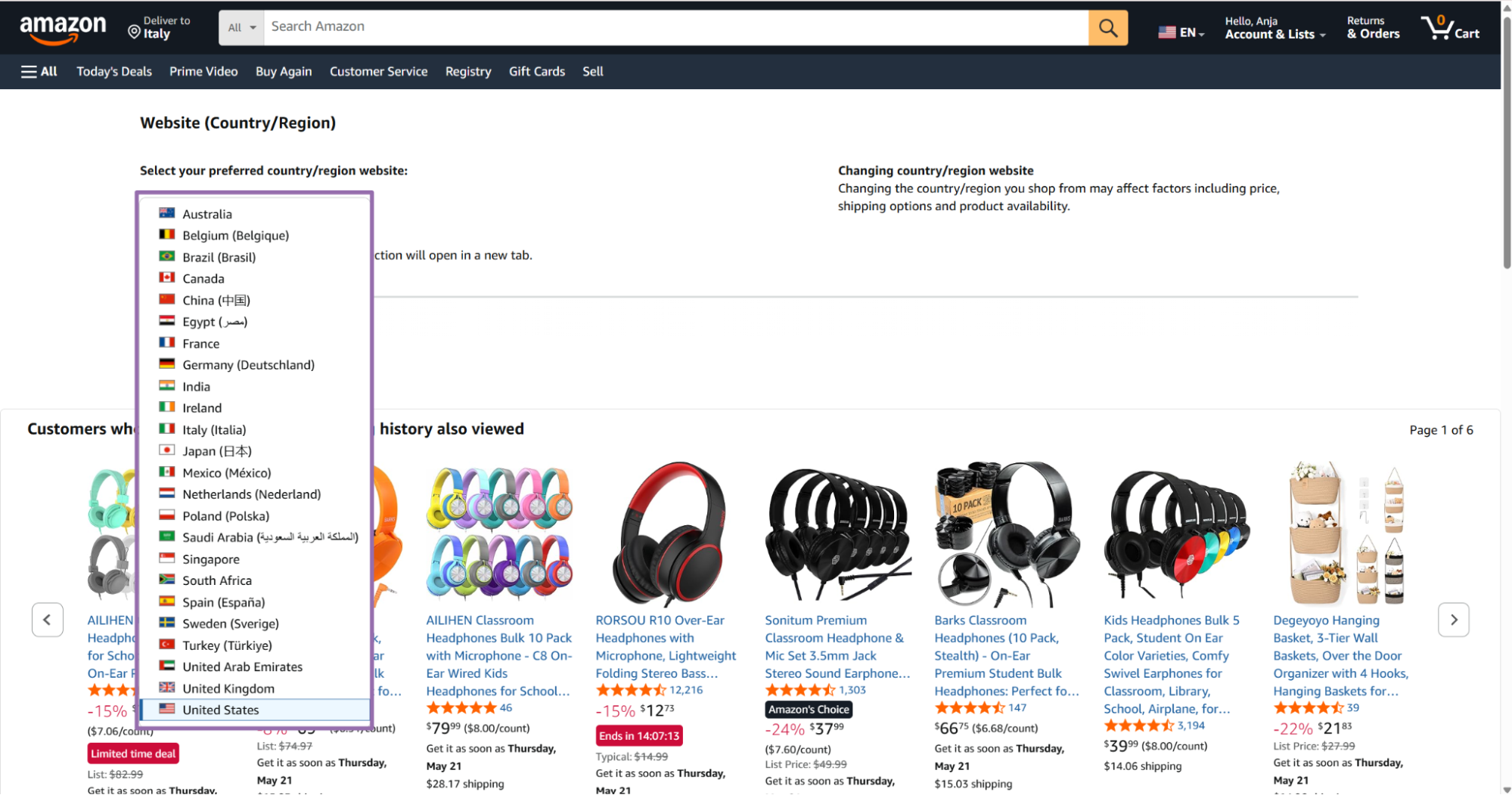 Amazon country picker listing marketplaces from Australia to United States