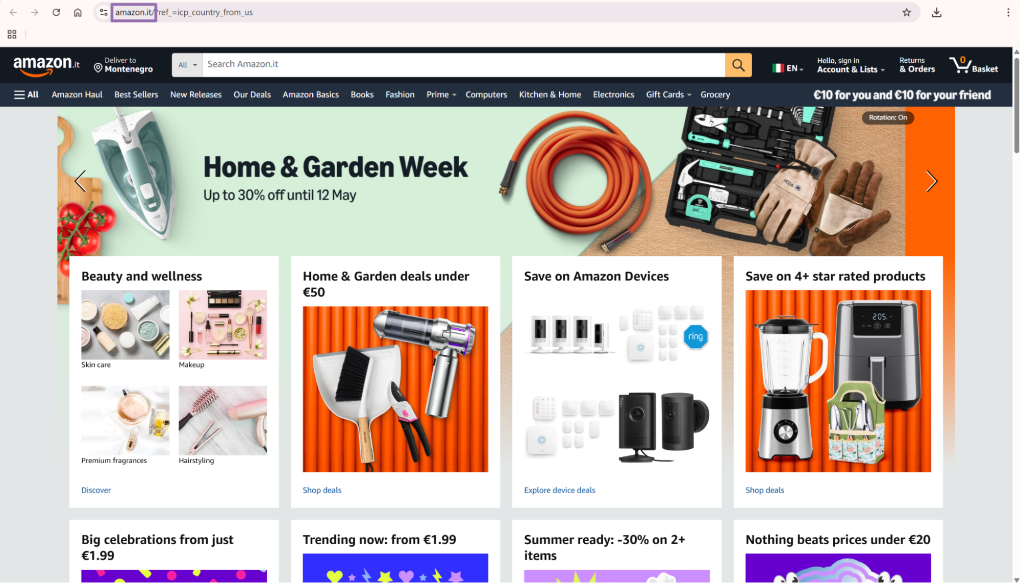 Amazon Italy homepage showing Home and Garden Week deals