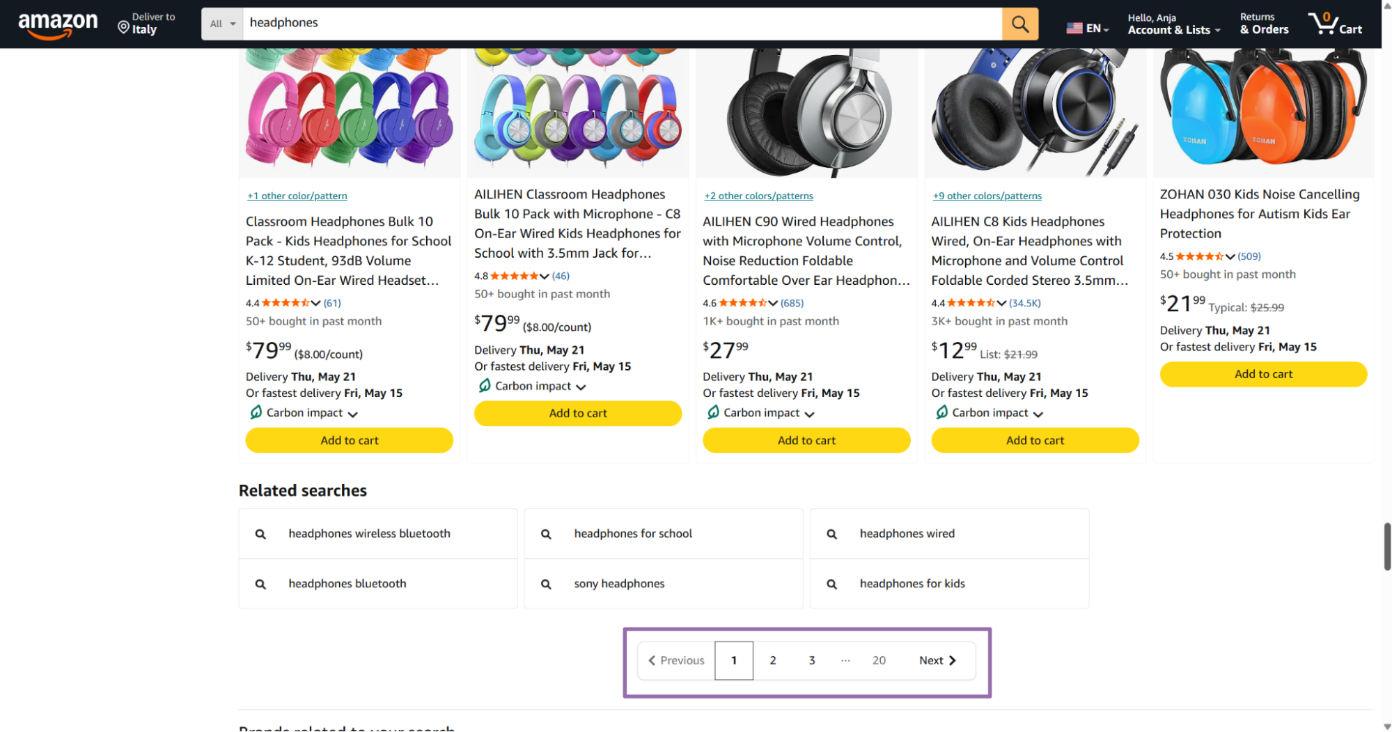 Amazon Italy headphones results with pagination controls highlighted