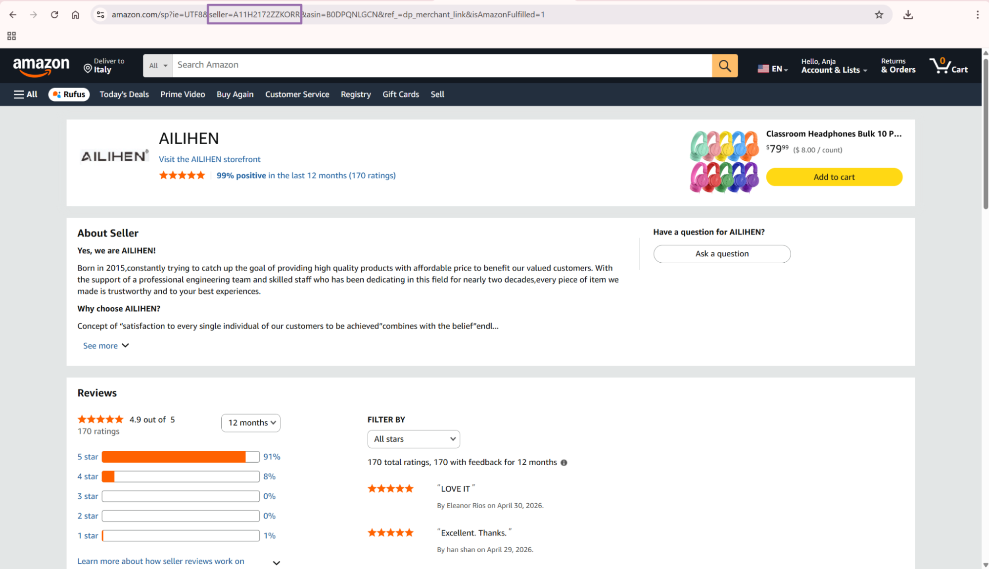 Amazon AILIHEN seller storefront page showing ratings and reviews
