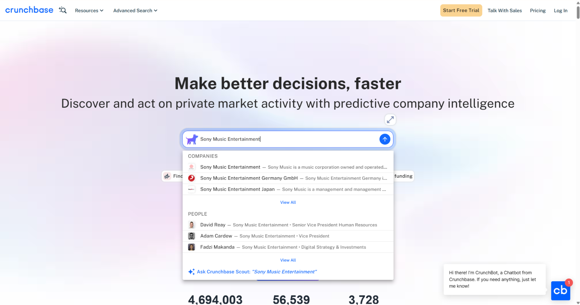 Crunchbase homepage search suggesting Sony Music Entertainment company results