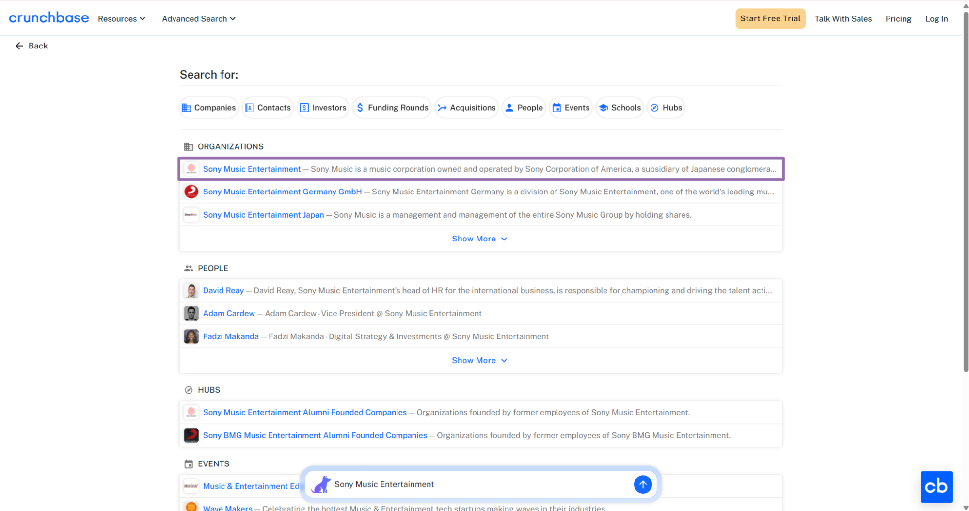 Crunchbase search results page listing Sony Music Entertainment organizations