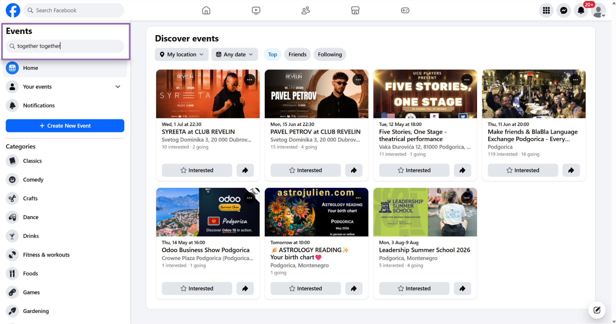 Facebook Discover events page searching keyword together together