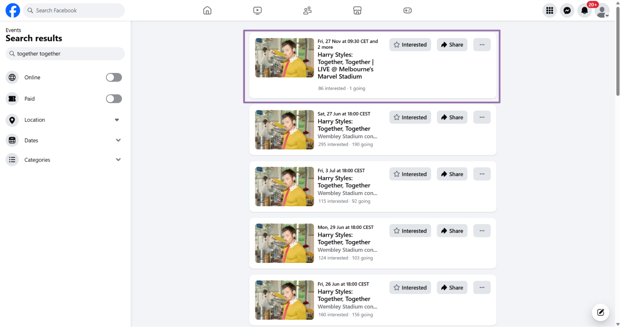 Facebook event search results listing Harry Styles Together Together shows