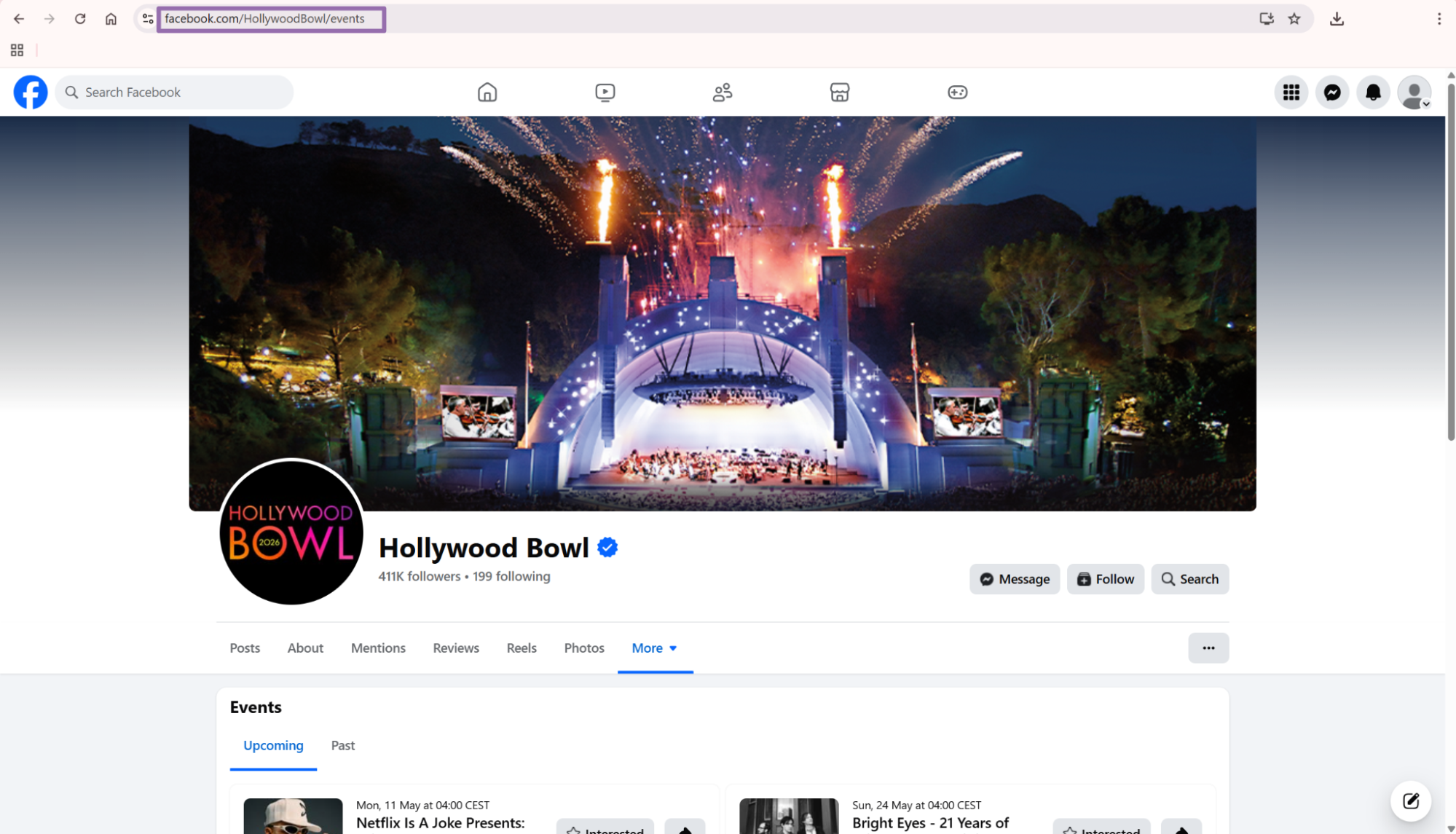 Facebook Hollywood Bowl page Events tab showing upcoming events