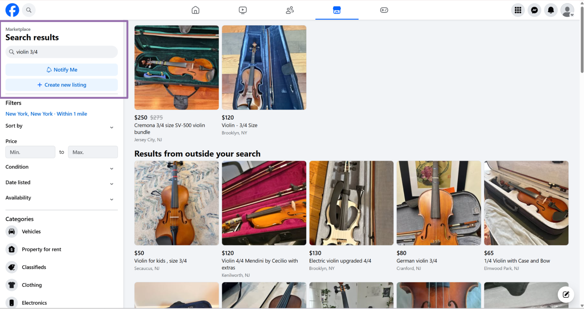 Facebook Marketplace sidebar with search results heading and violin query highlighted