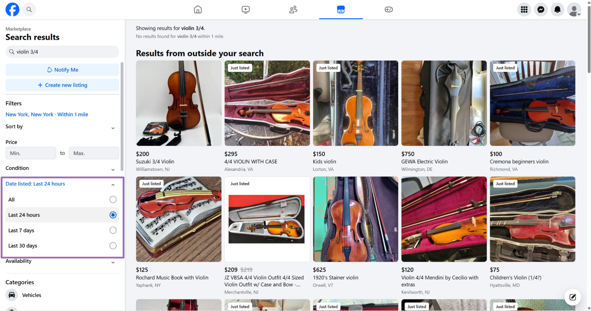 Facebook Marketplace Condition filter expanded showing Last 24 hours date options