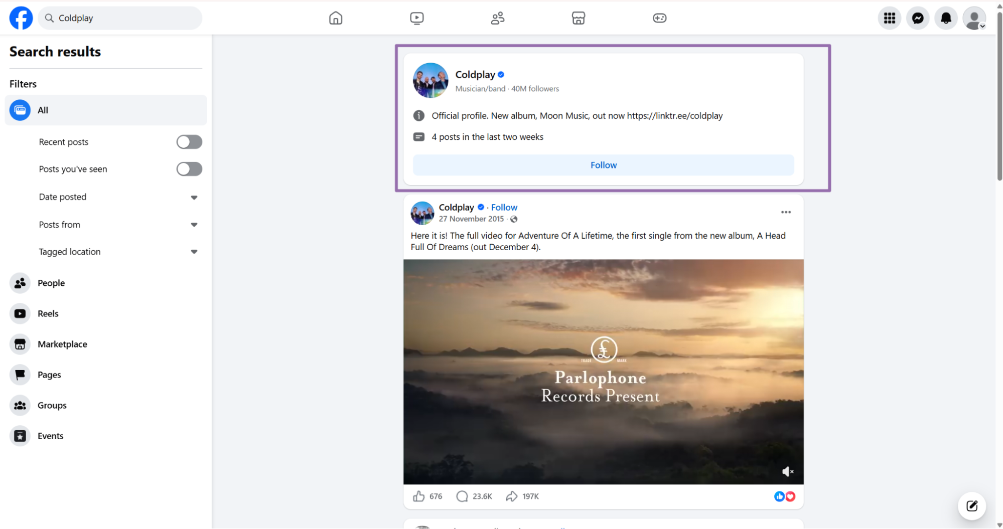 Facebook search results showing verified Coldplay musician page