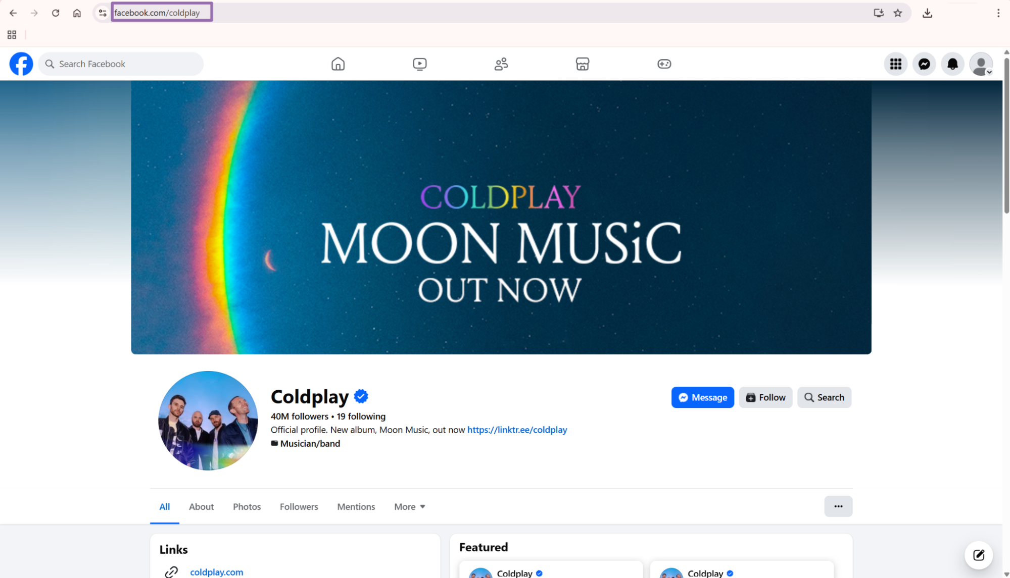 Facebook Coldplay Moon Music page with facebook.com/coldplay URL highlighted