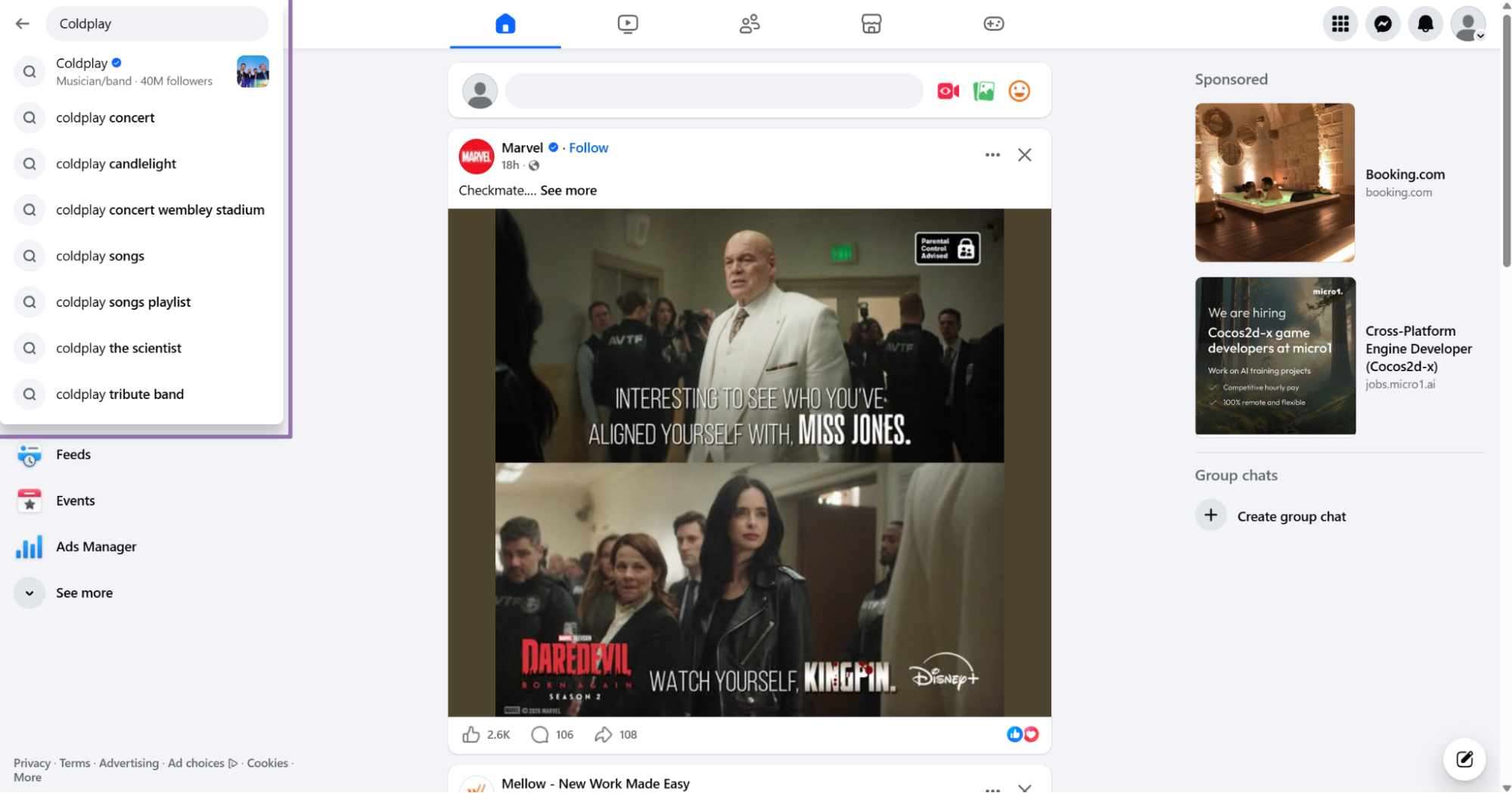 Facebook search bar autocompleting Coldplay suggestions from the news feed