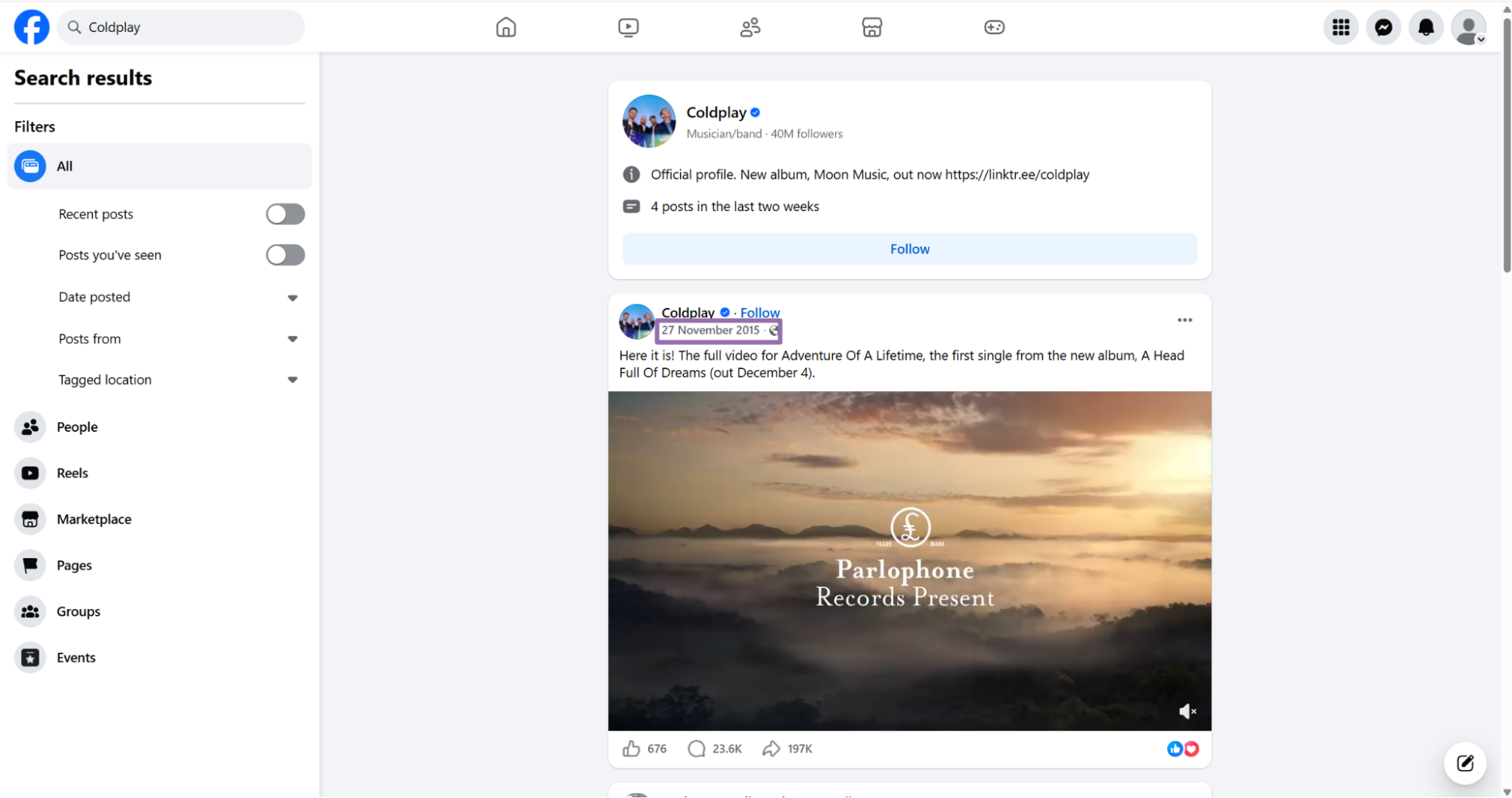 Facebook results highlighting Coldplay post timestamp link to open