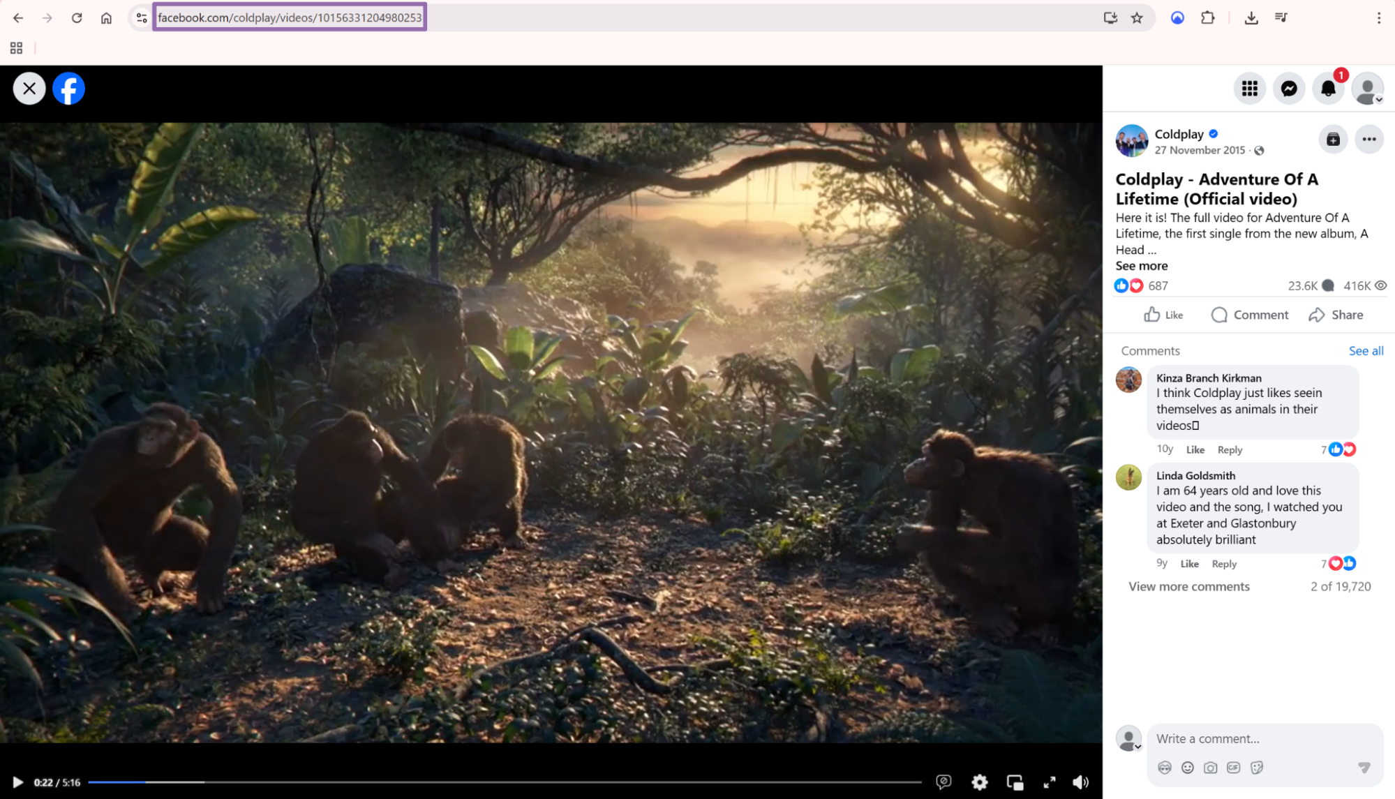 Facebook Coldplay Adventure Of A Lifetime video post URL highlighted