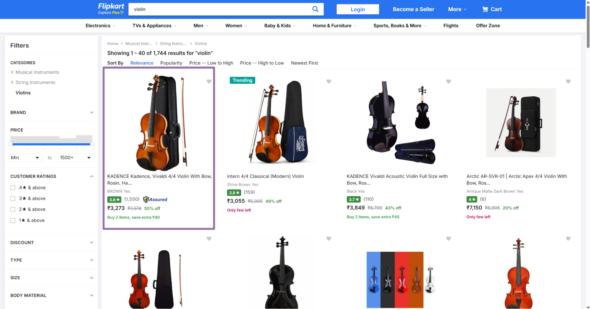 Flipkart violin search results grid with Kadence violin highlighted