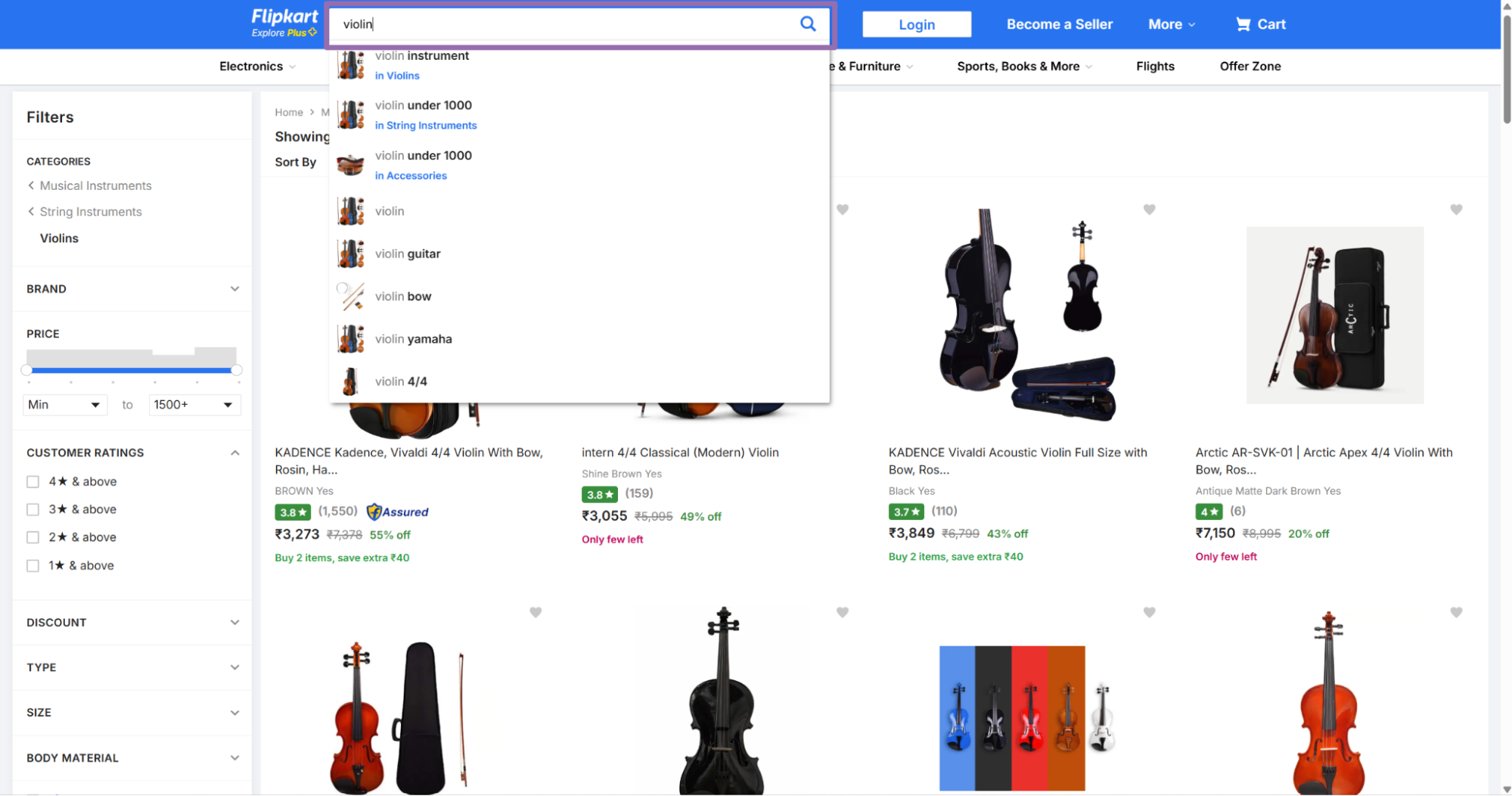 Flipkart search dropdown suggesting violin instrument categories above listings