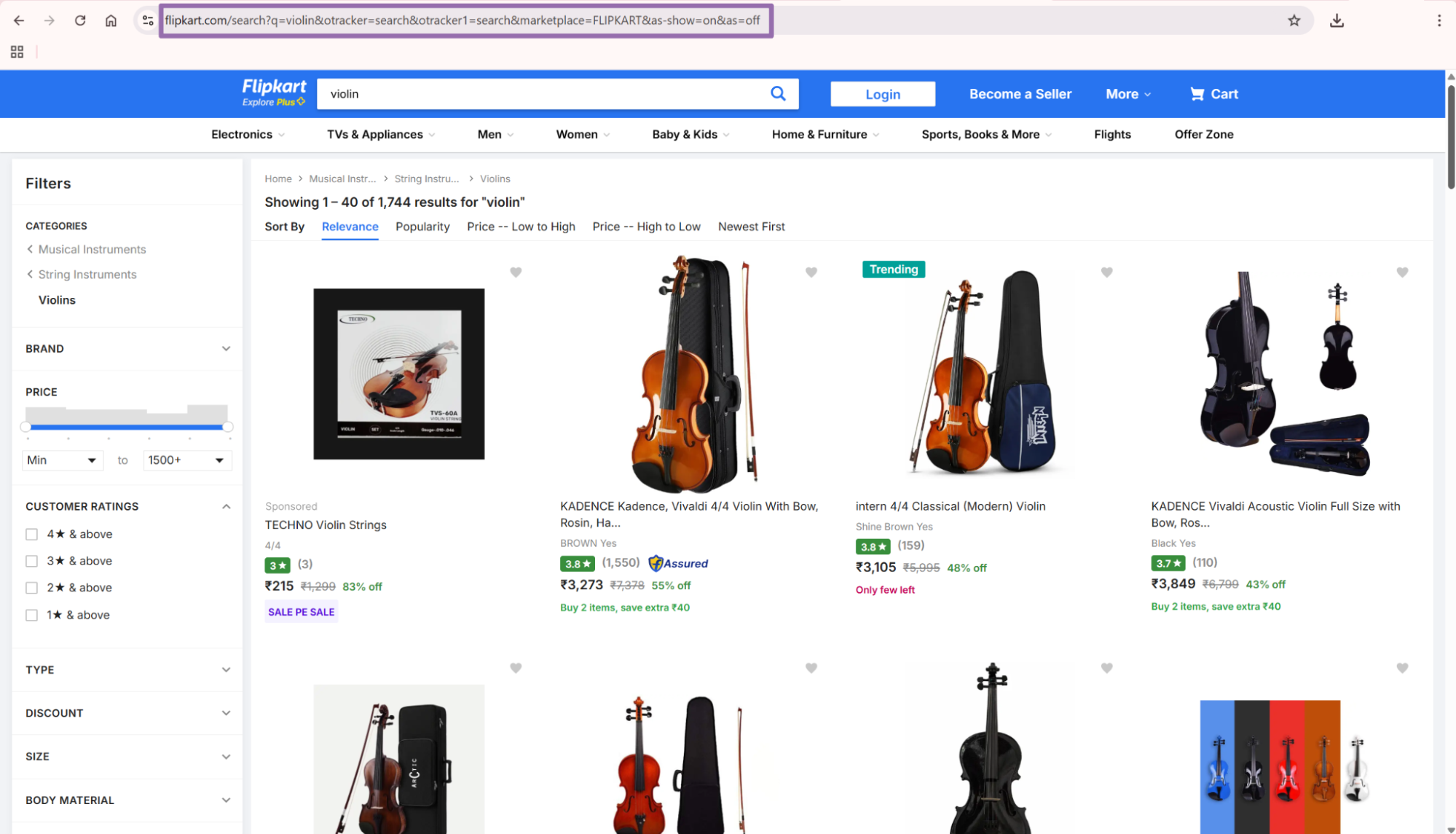 Flipkart violin results page with search URL highlighted in address bar