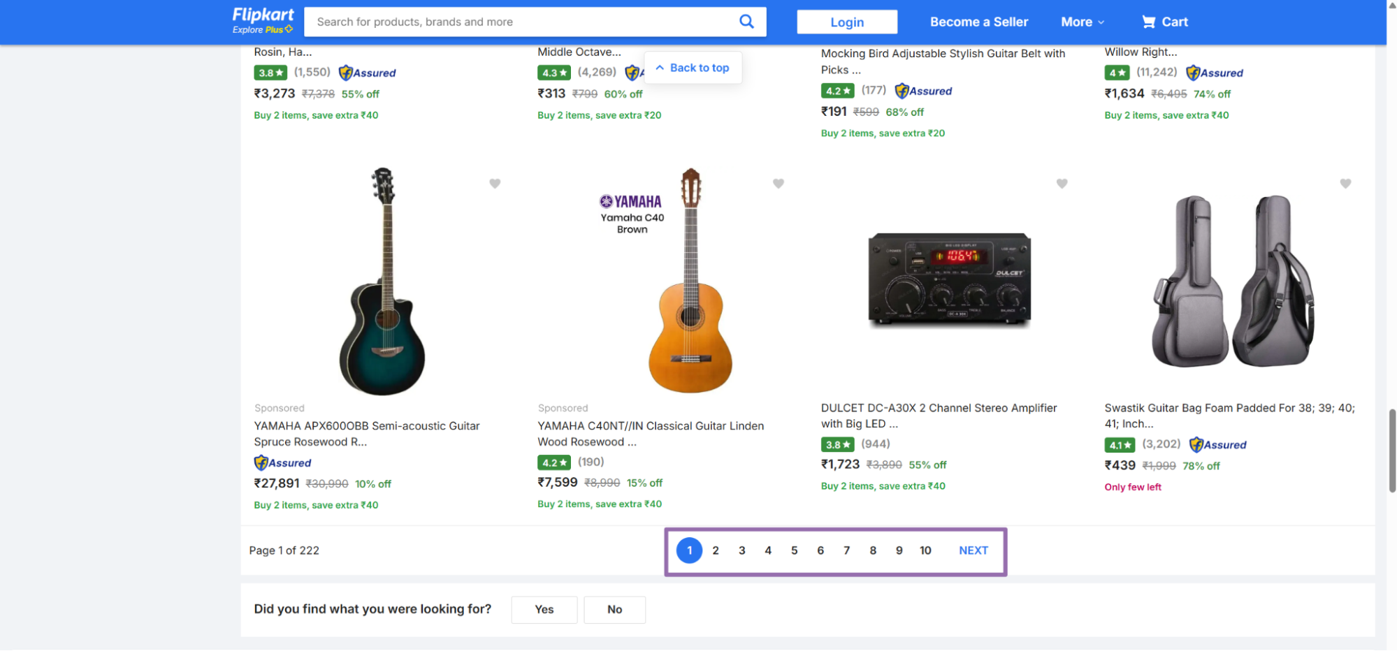 Flipkart guitar results grid with bottom pagination for violin keyword