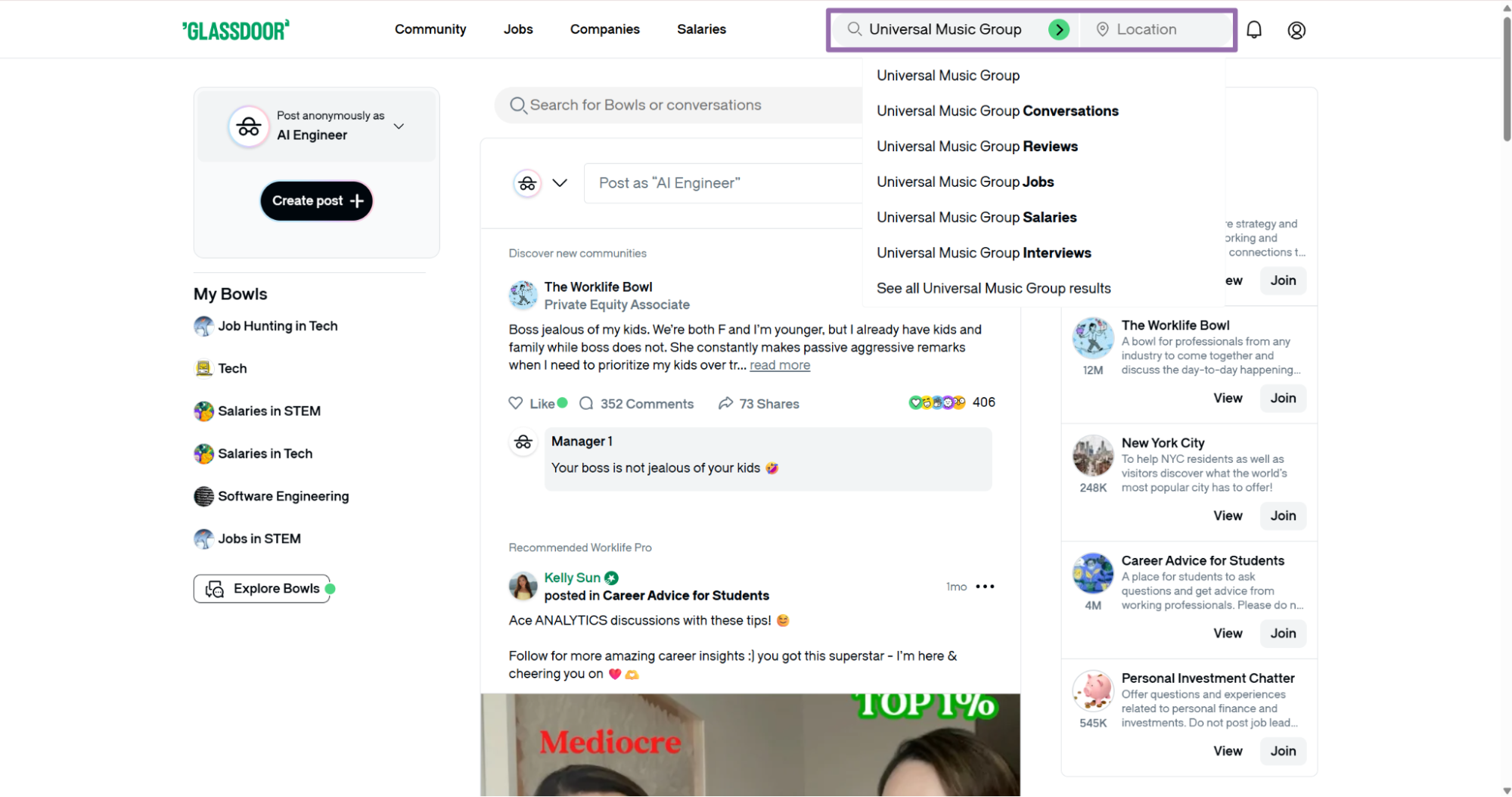 Glassdoor search suggesting Universal Music Group results