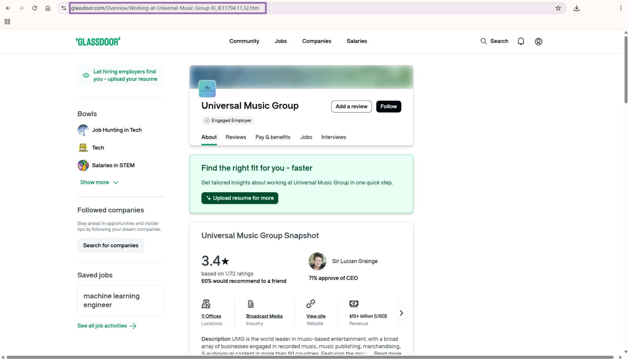 Universal Music Group overview page with its URL highlighted