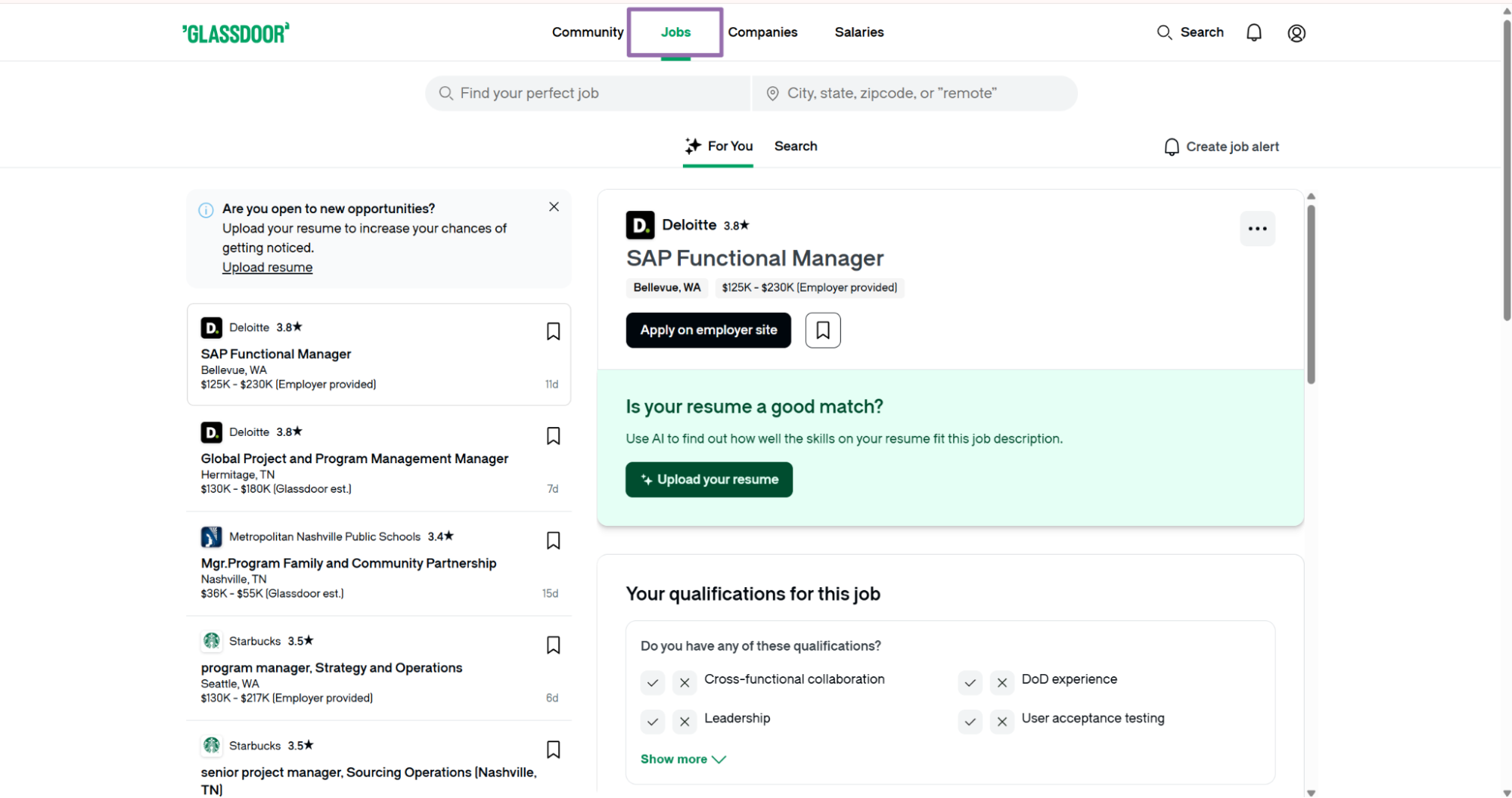 Glassdoor Jobs homepage showing Deloitte SAP Functional Manager listing