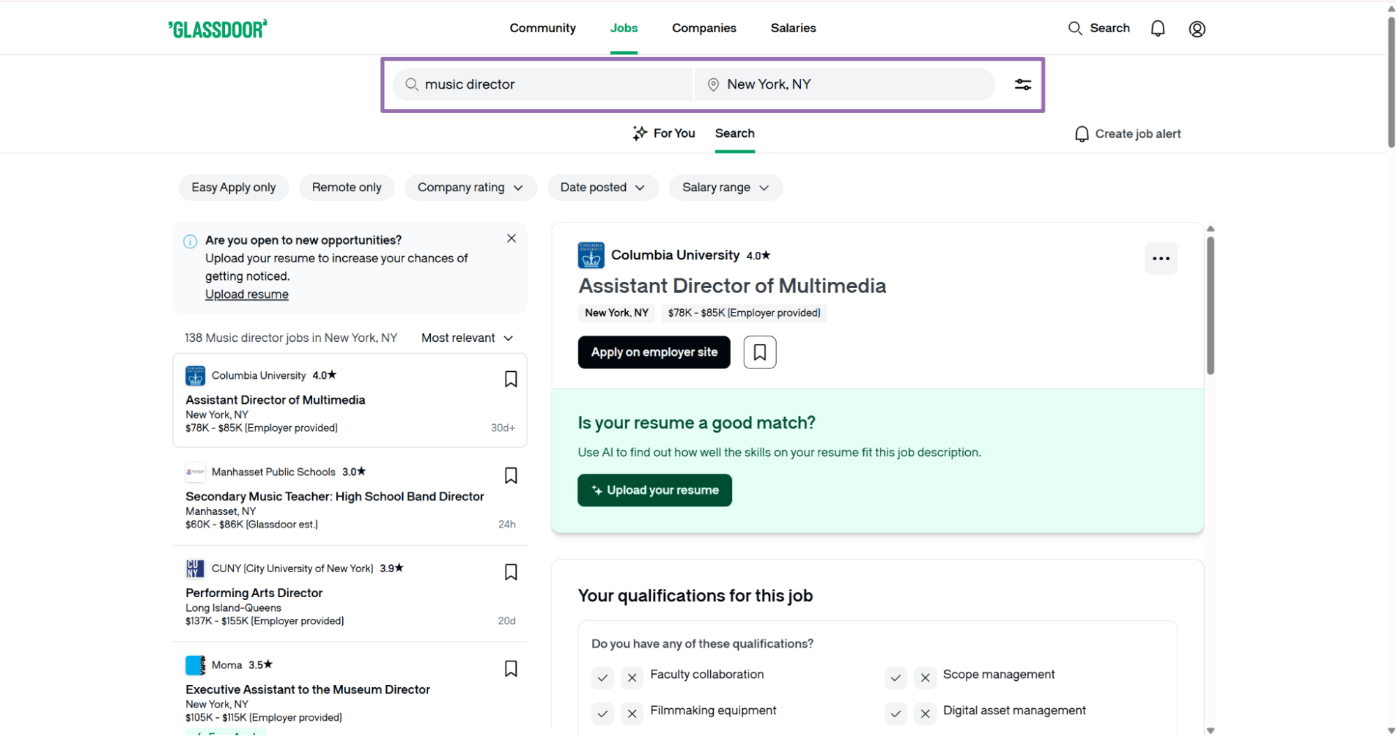 Glassdoor searching music director jobs in New York, NY