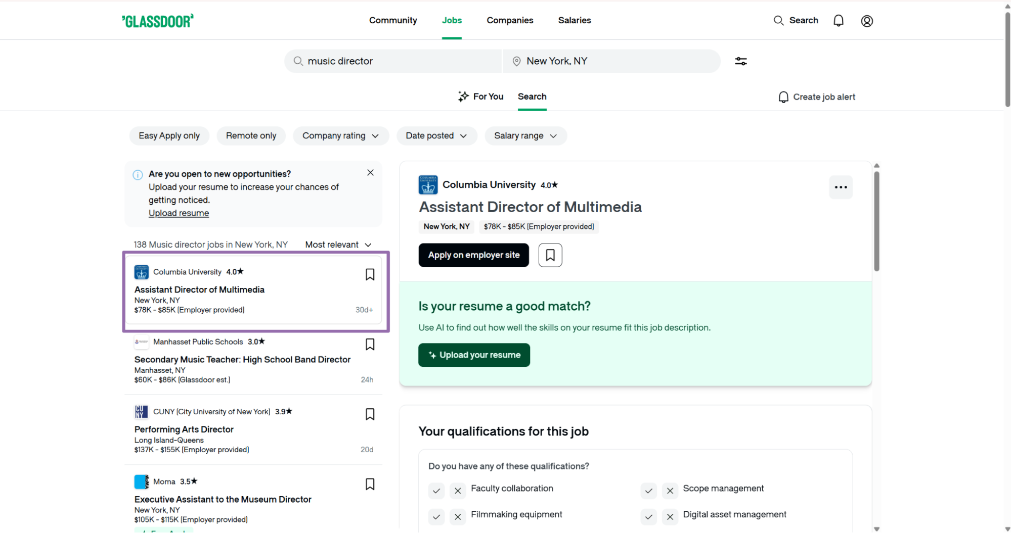Glassdoor selecting Columbia University Assistant Director of Multimedia listing