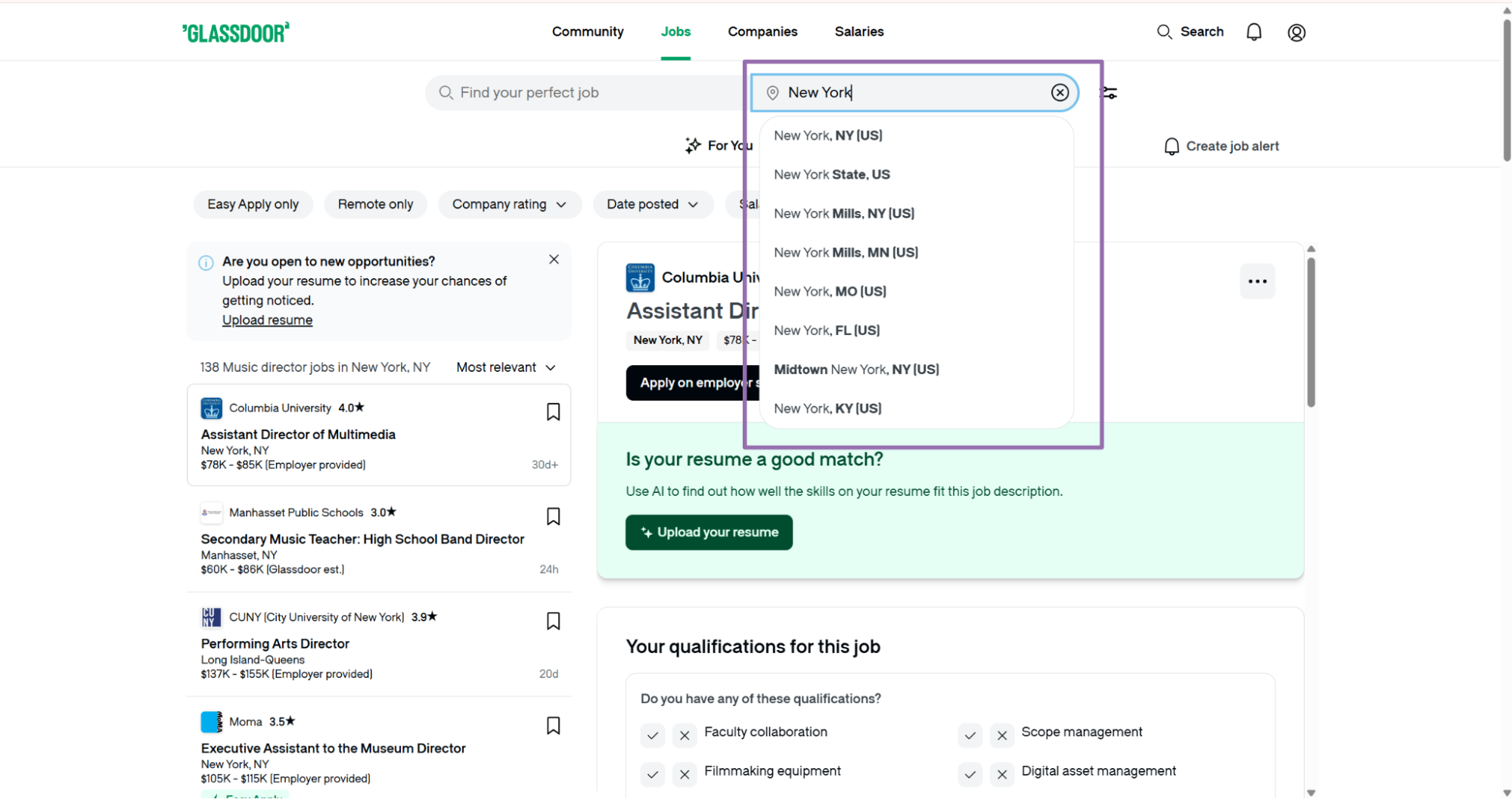 Glassdoor location dropdown suggesting New York options for job search