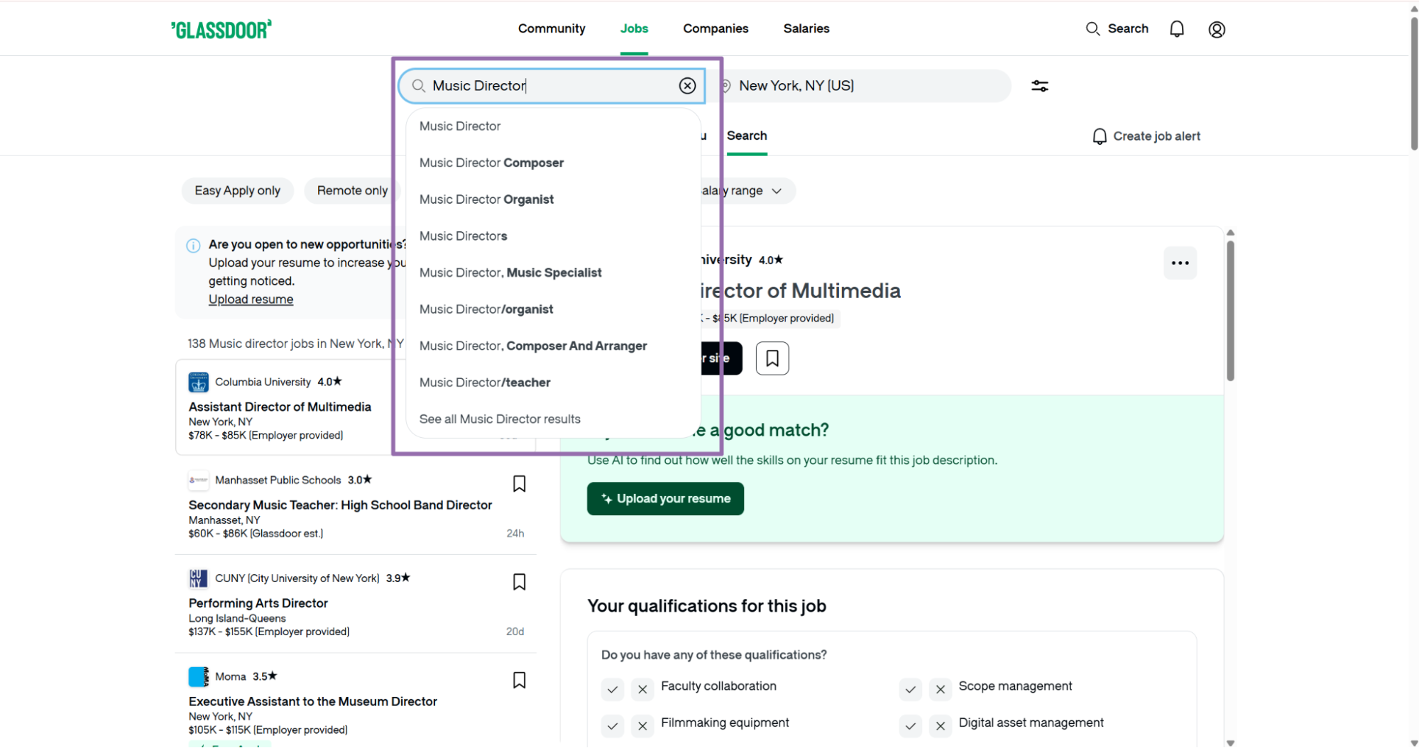 Glassdoor keyword box suggesting Music Director job titles