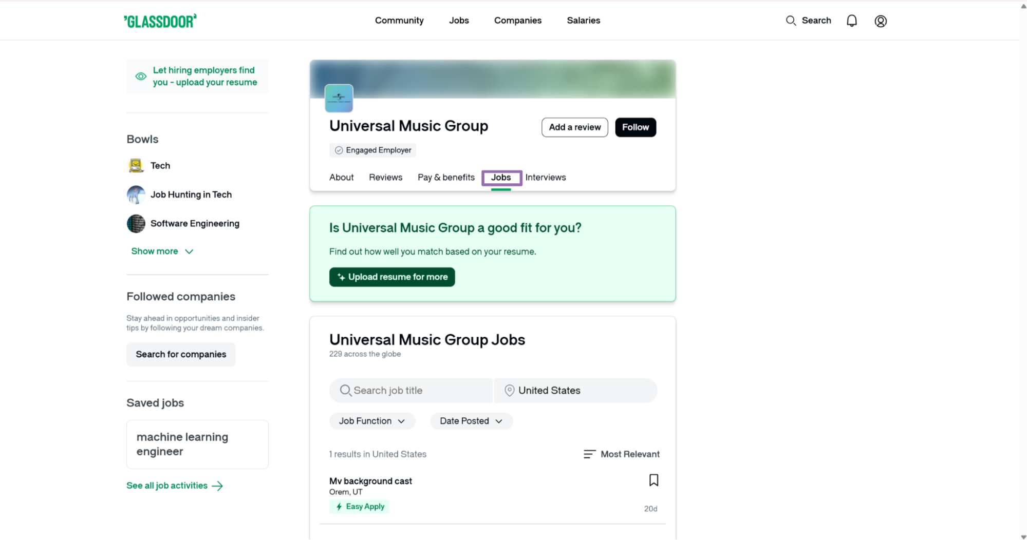 Glassdoor Universal Music Group profile with Jobs tab highlighted