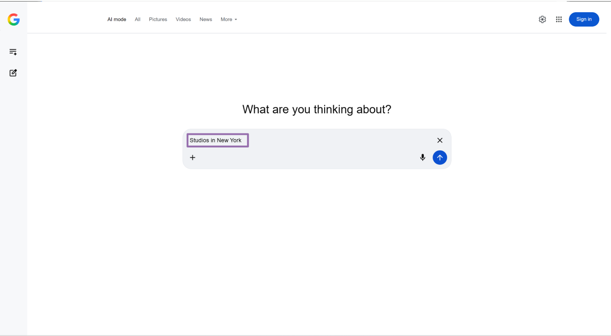 Google AI Mode prompt box with Studios in New York query