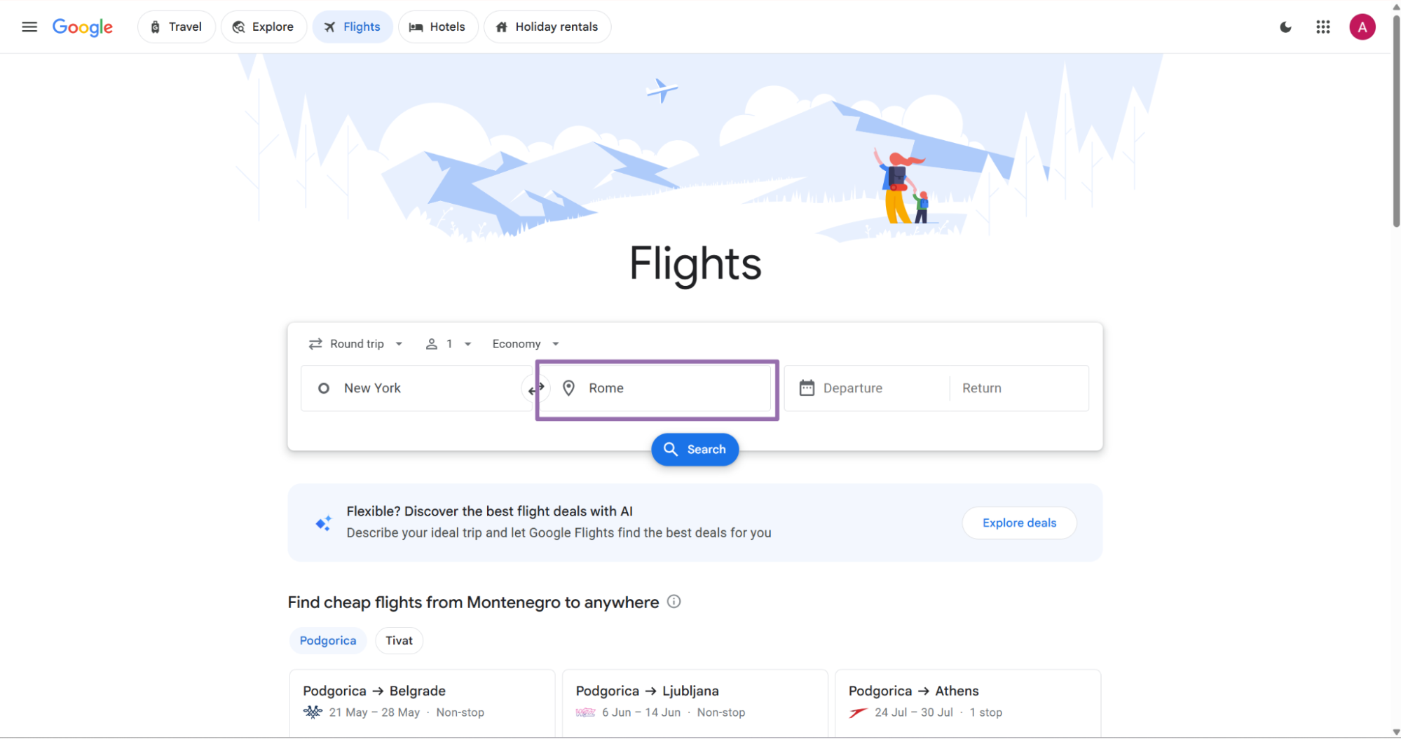 Google Flights destination field with Rome entered
