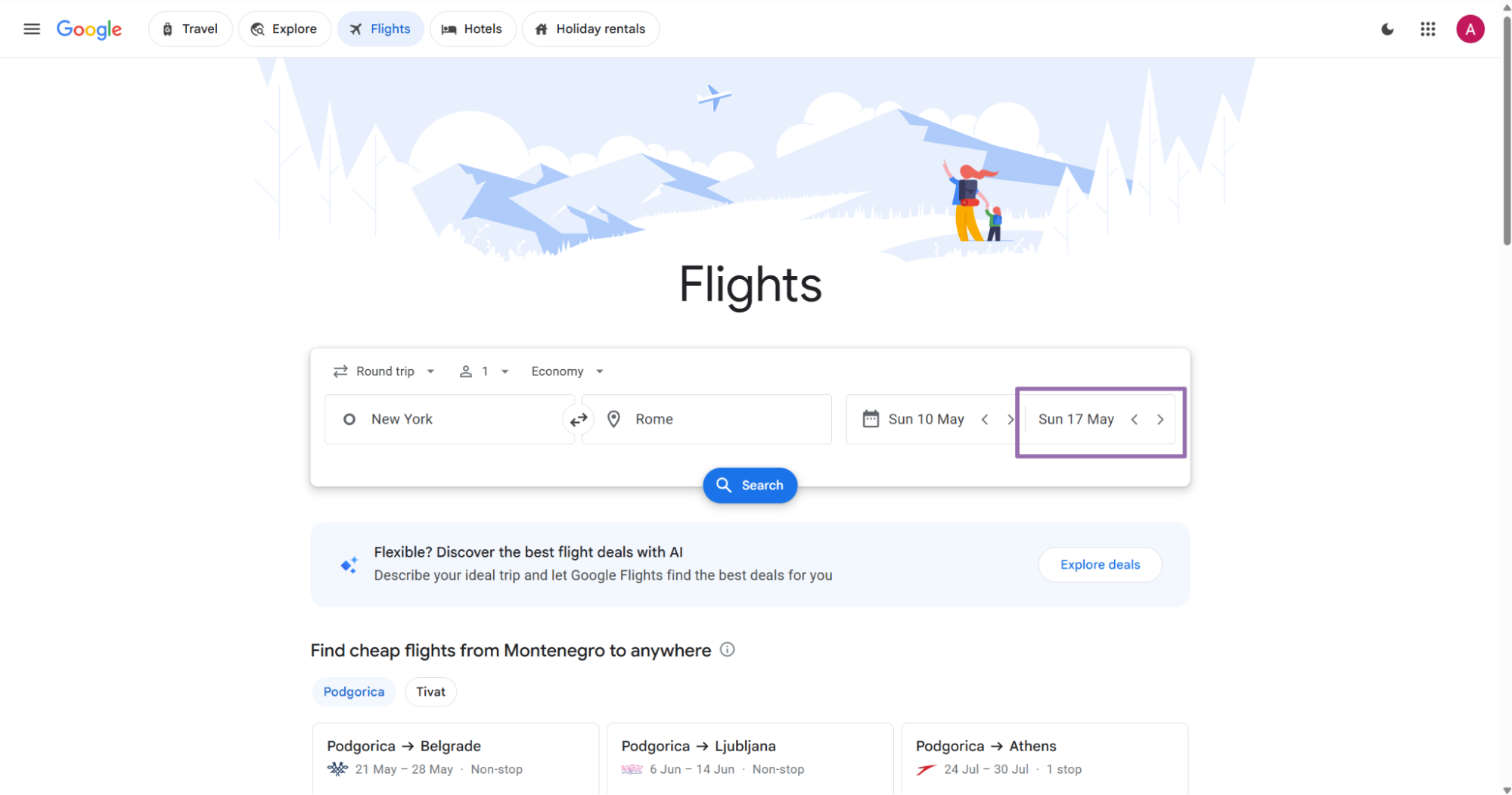 Google Flights cabin class dropdown showing Economy Business First