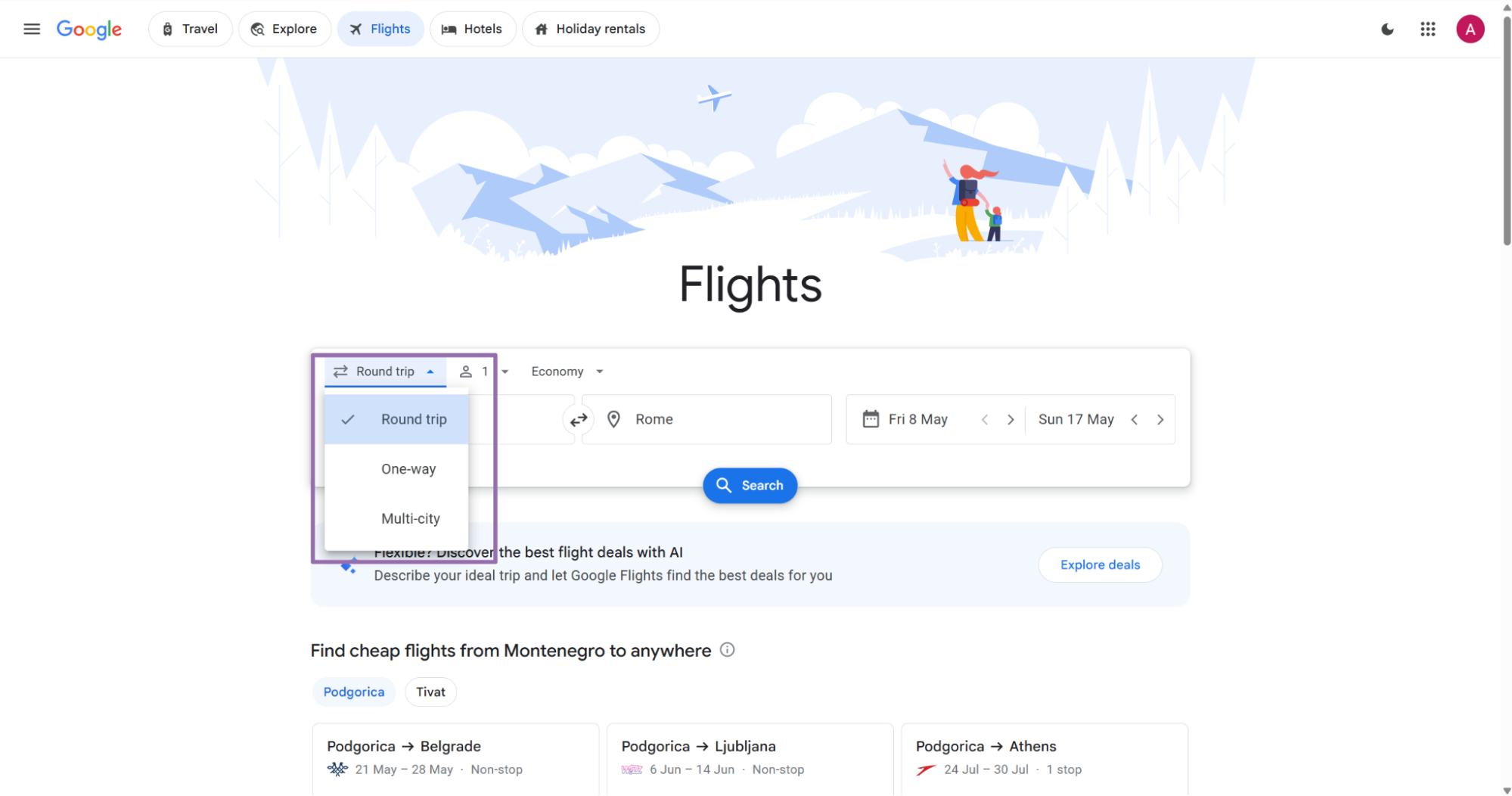 Google Flights trip type dropdown showing Round trip One-way Multi-city