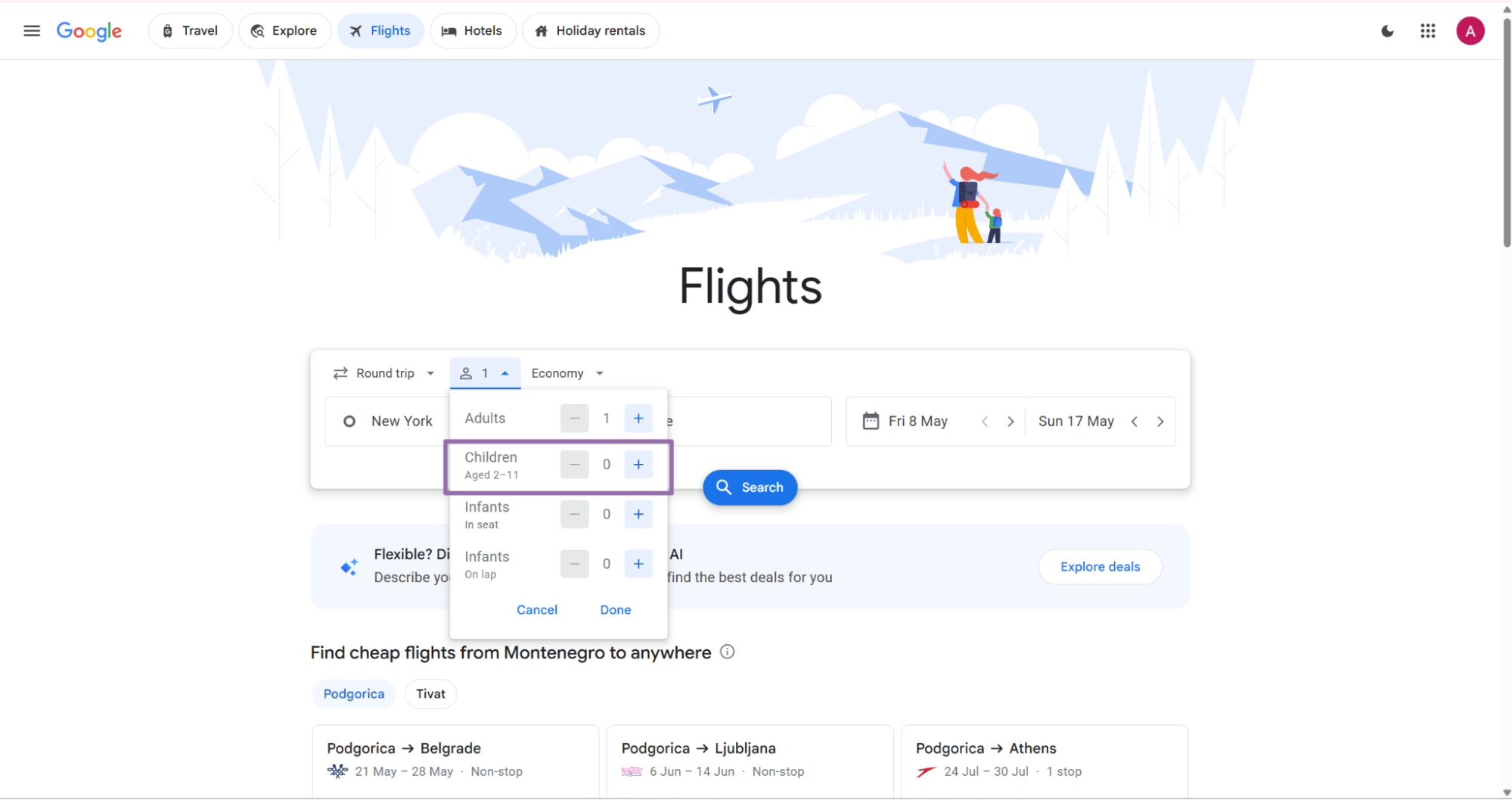 Google Flights return date highlighting Sun 17 May