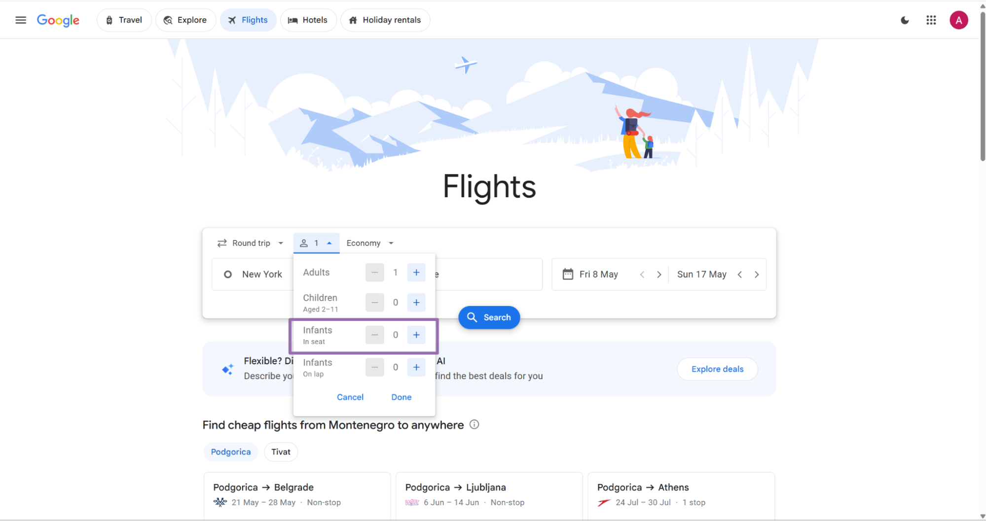 Google Flights passenger selector with Infants in seat highlighted