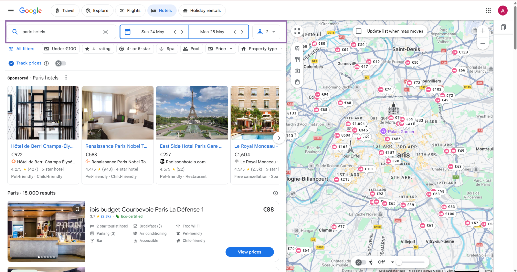 Google Hotels paris hotels search box and date guest fields highlighted
