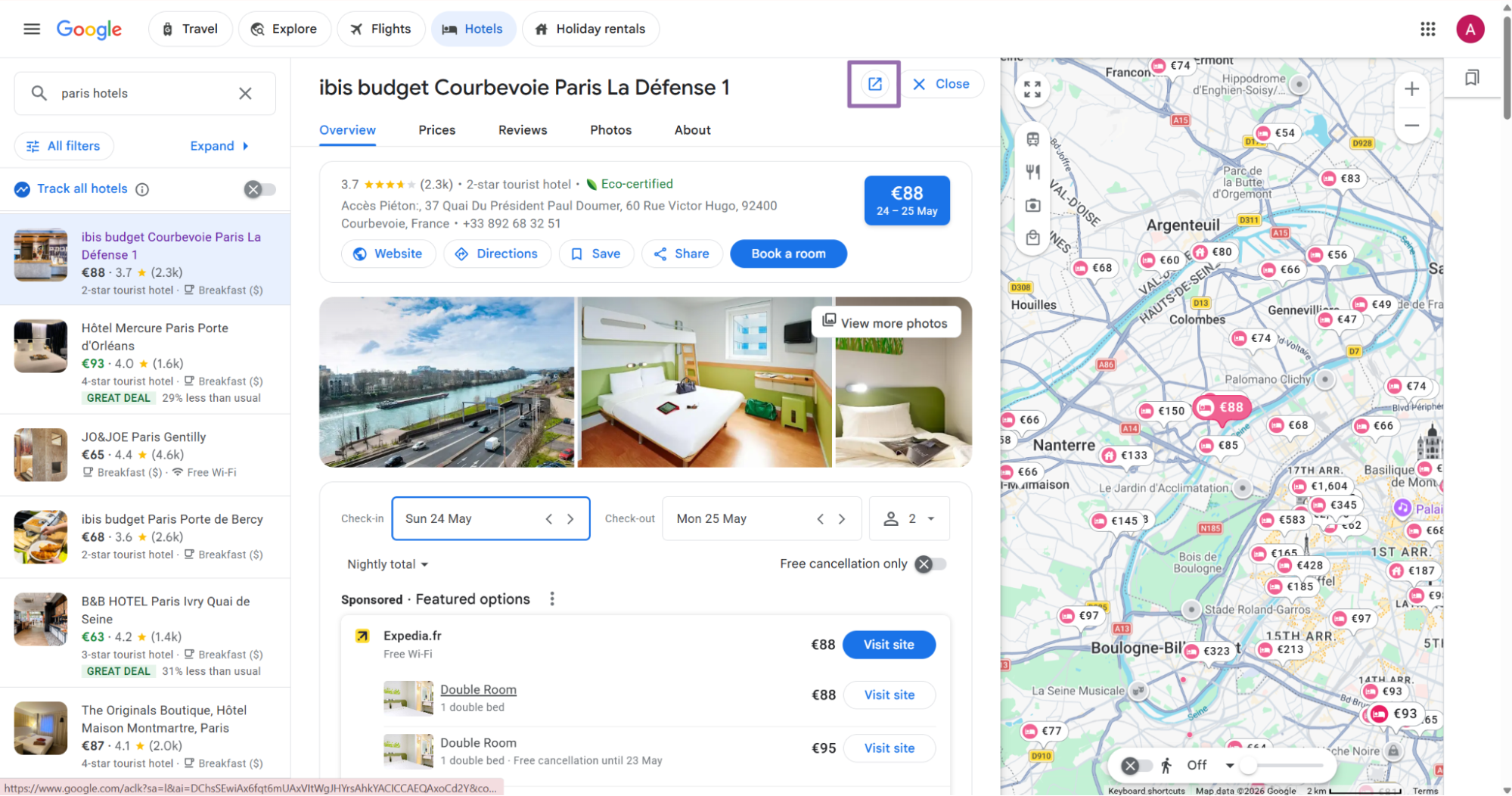 Google Hotels ibis budget detail panel with Open in new tab highlighted