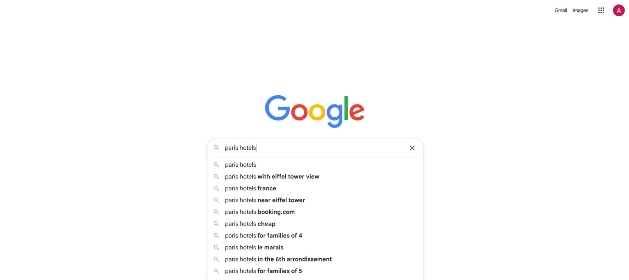 Google homepage search box with paris hotels autocomplete suggestions