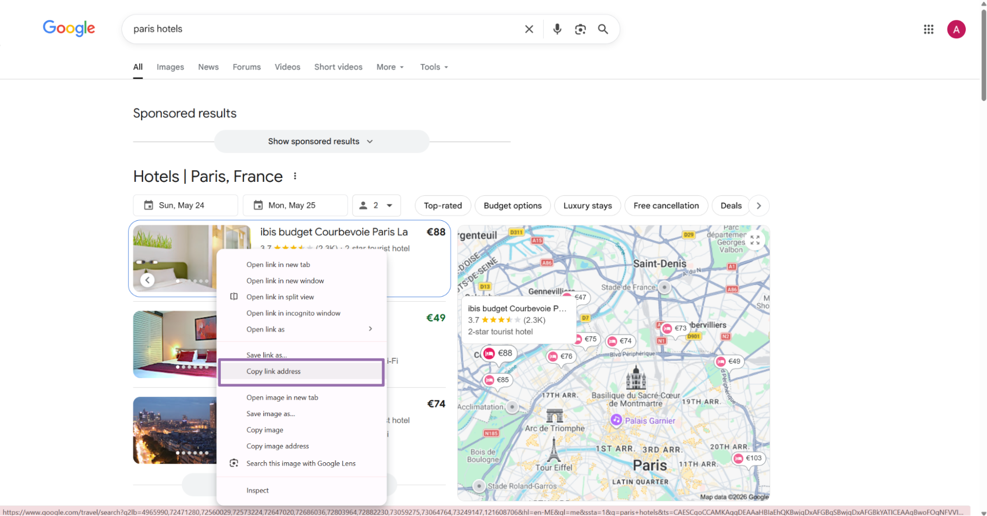 Google paris hotels results with right-click menu Copy link address highlighted