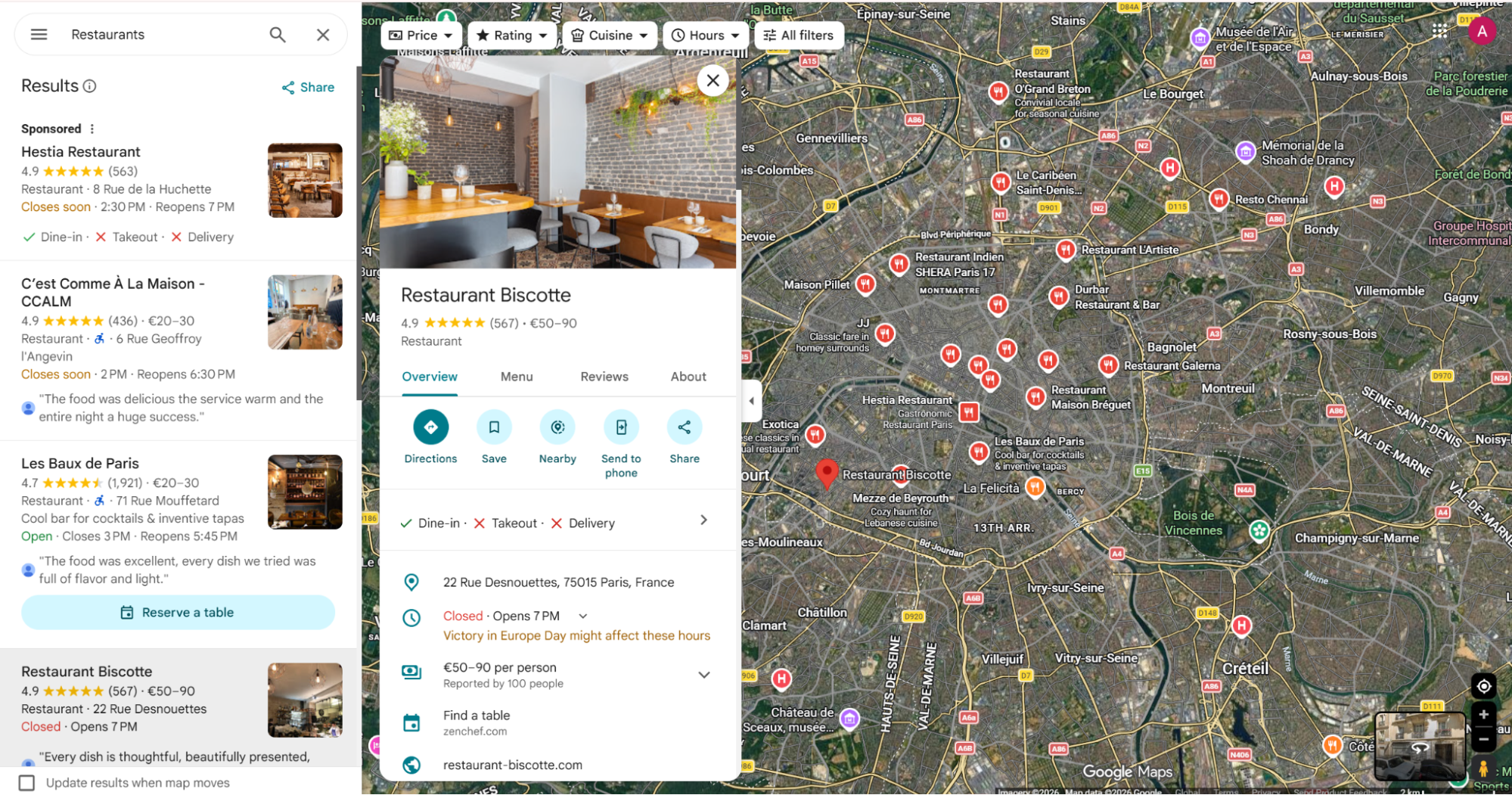 Google Maps showing Restaurant Biscotte listing and Paris results panel