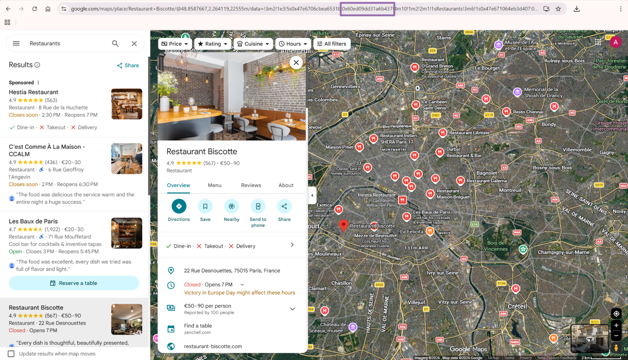 Google Maps URL bar highlighting Restaurant Biscotte CID parameter