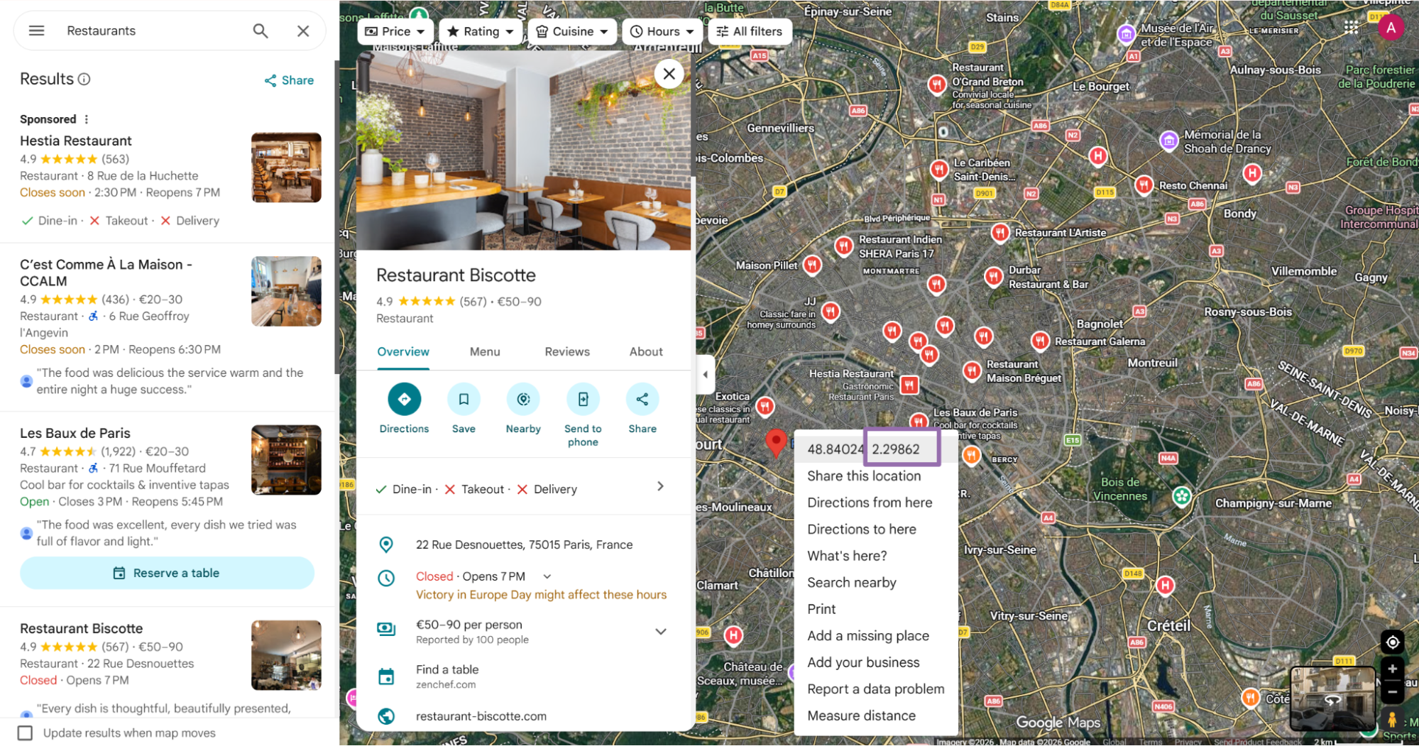 Google Maps context menu showing latitude longitude coordinates for Paris point