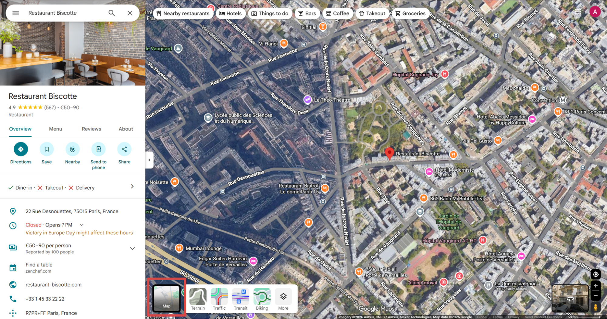 Google Maps satellite view of Paris with View type button