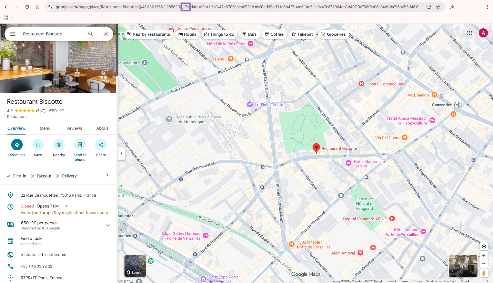 Google Maps road view with Restaurant Biscotte pin in Paris