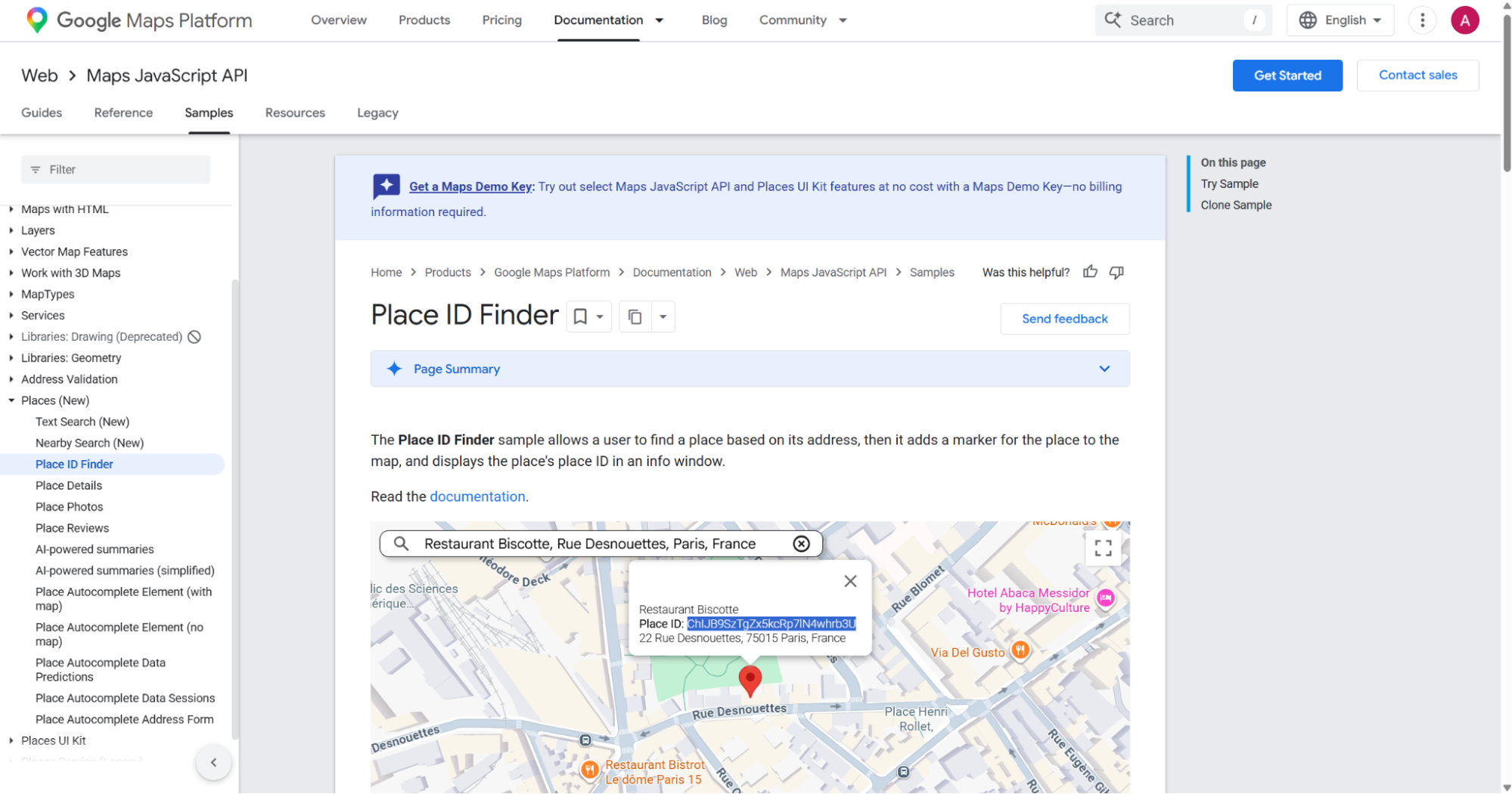 Google Place ID Finder displaying Restaurant Biscotte place ID popup